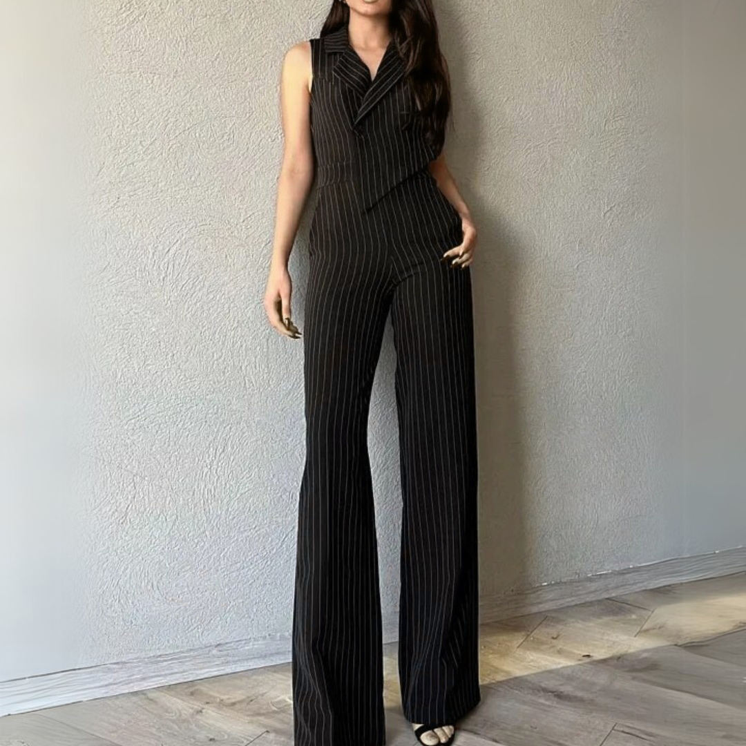 Aarna Black Pinstripe Co-ord Set | Sleeveless Blazer & Pants for Women