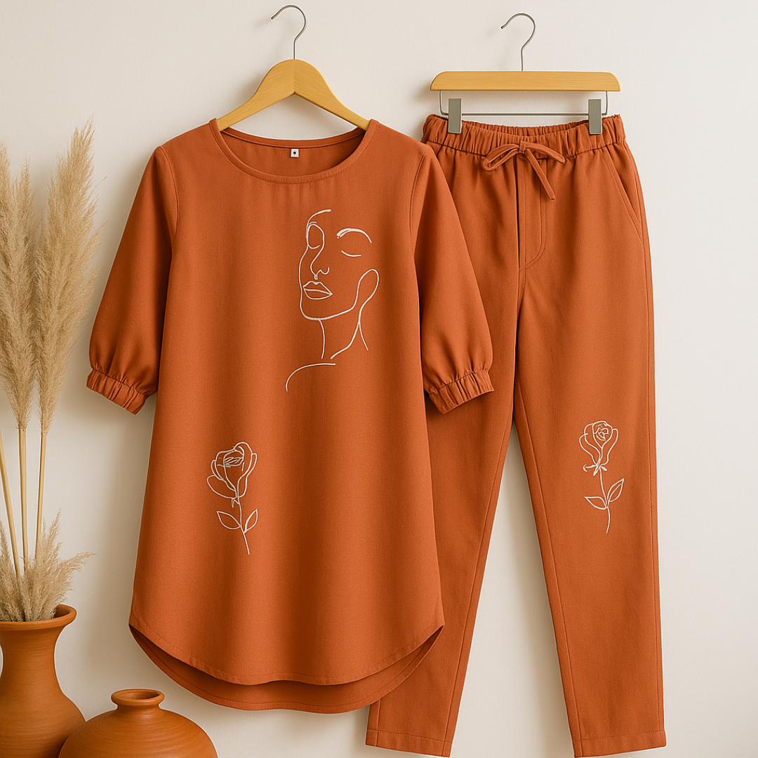 Face Floral - Orange Cotton Slub Co-ord Set