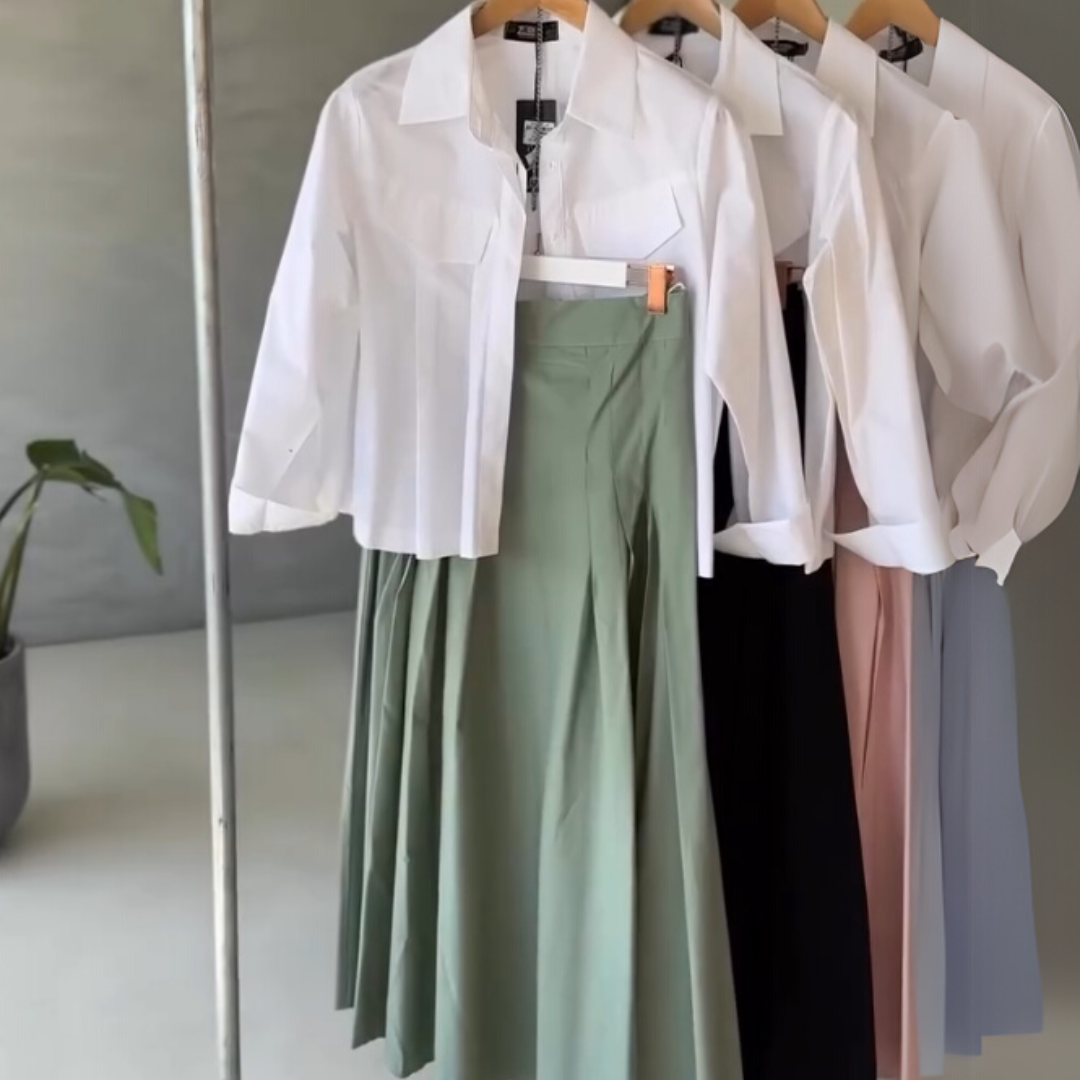 Urban Ease - Utility Shirt & Pleated Sage Green Maxi Skirt Set