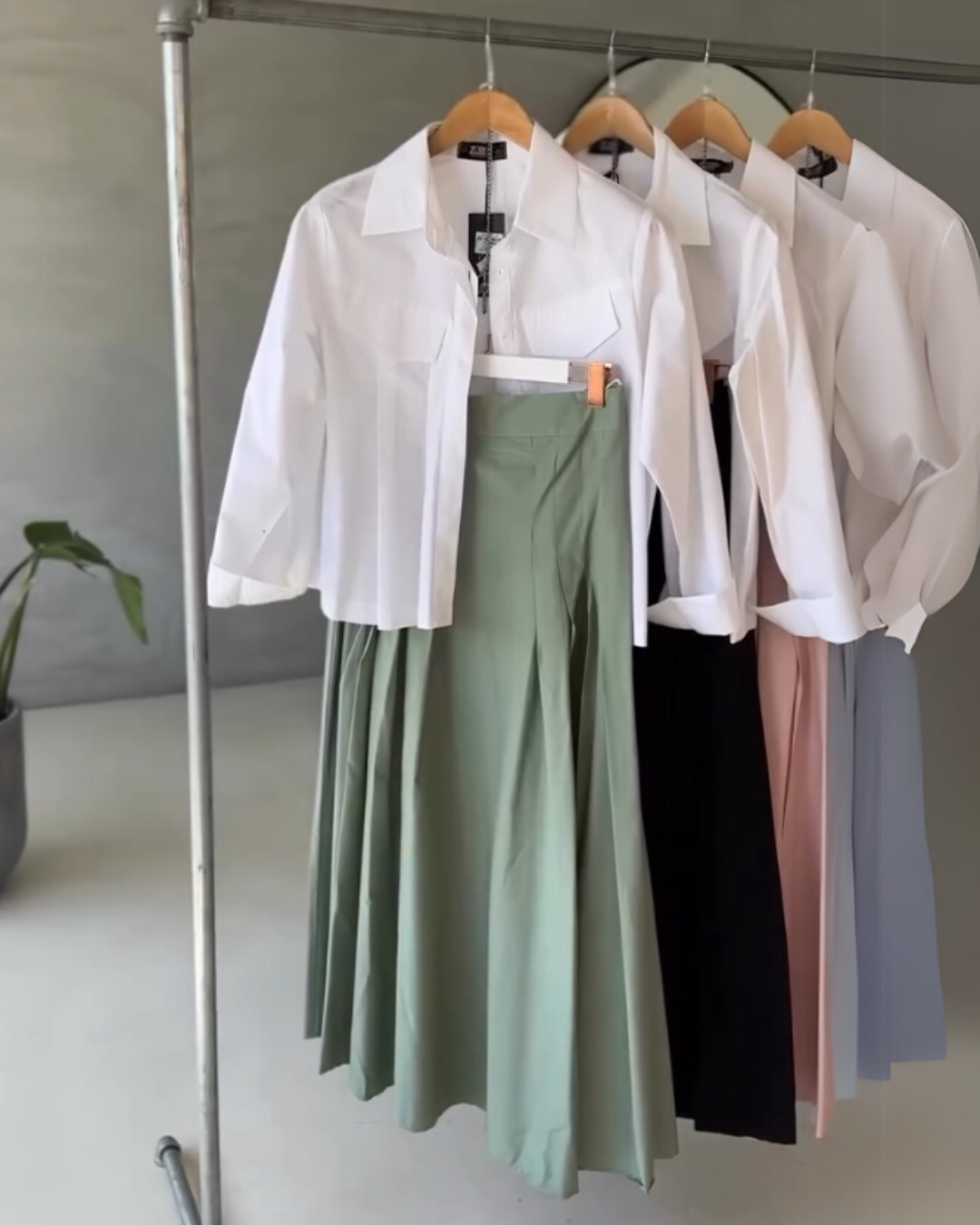 Urban Ease - Utility Shirt & Pleated Sage Green Maxi Skirt Set
