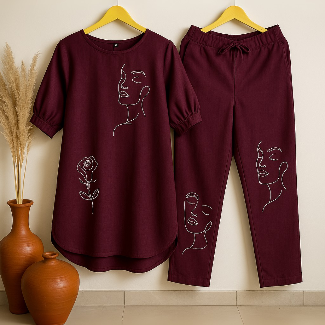 Face Floral - Wine Cotton Slub Co-ord Set
