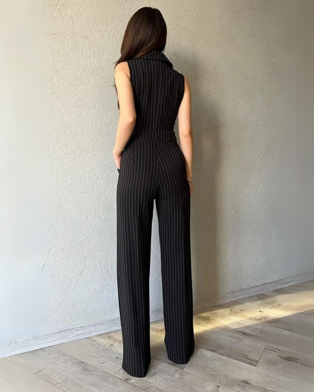 Aarna Black Pinstripe Co-ord Set | Sleeveless Blazer & Pants for Women