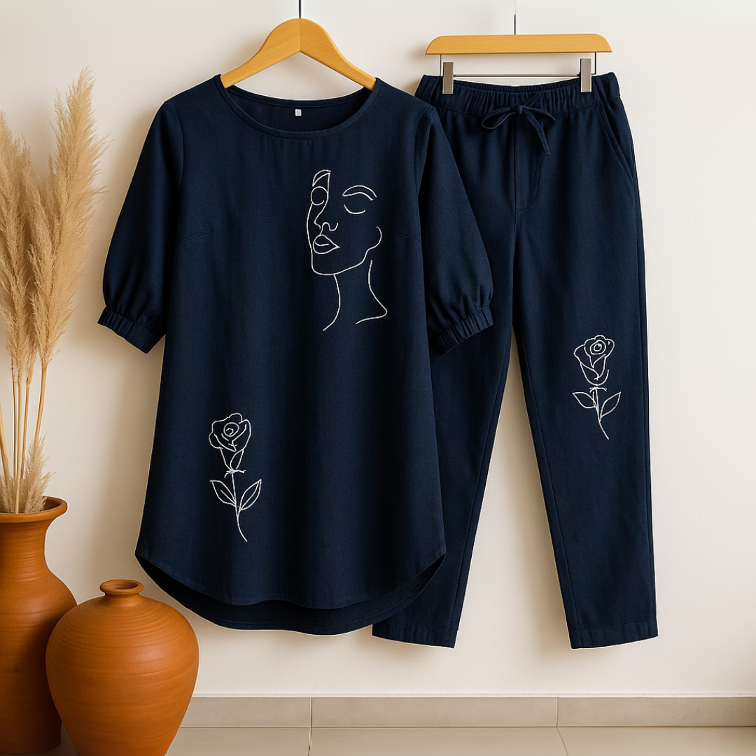 Face Floral - Blue Cotton Slub Co-ord Set