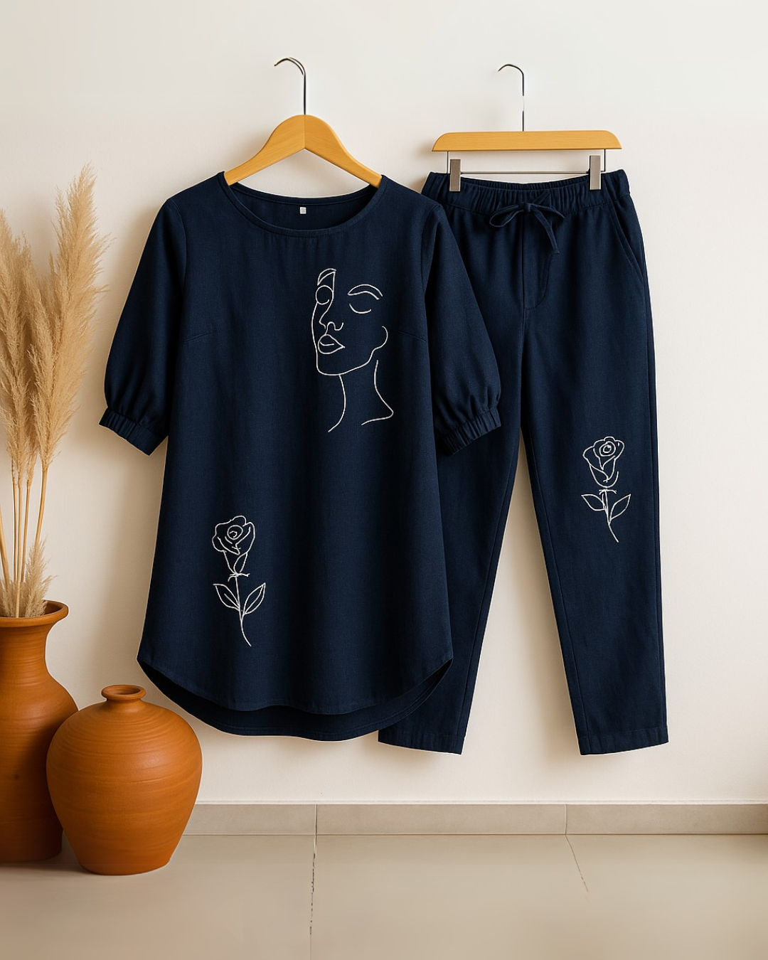 Face Floral - Blue Cotton Slub Co-ord Set