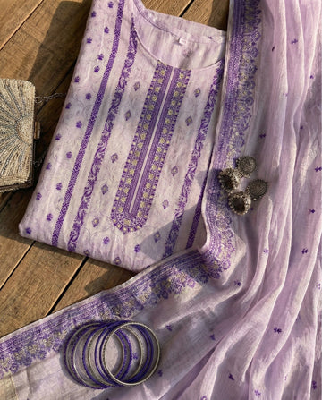 Ivory Amethyst Cotton Jacquard Zari Unstitched Suit Set Heirloom