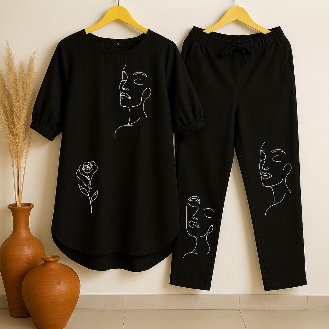 Face Floral - Black Cotton Slub Co-ord Set