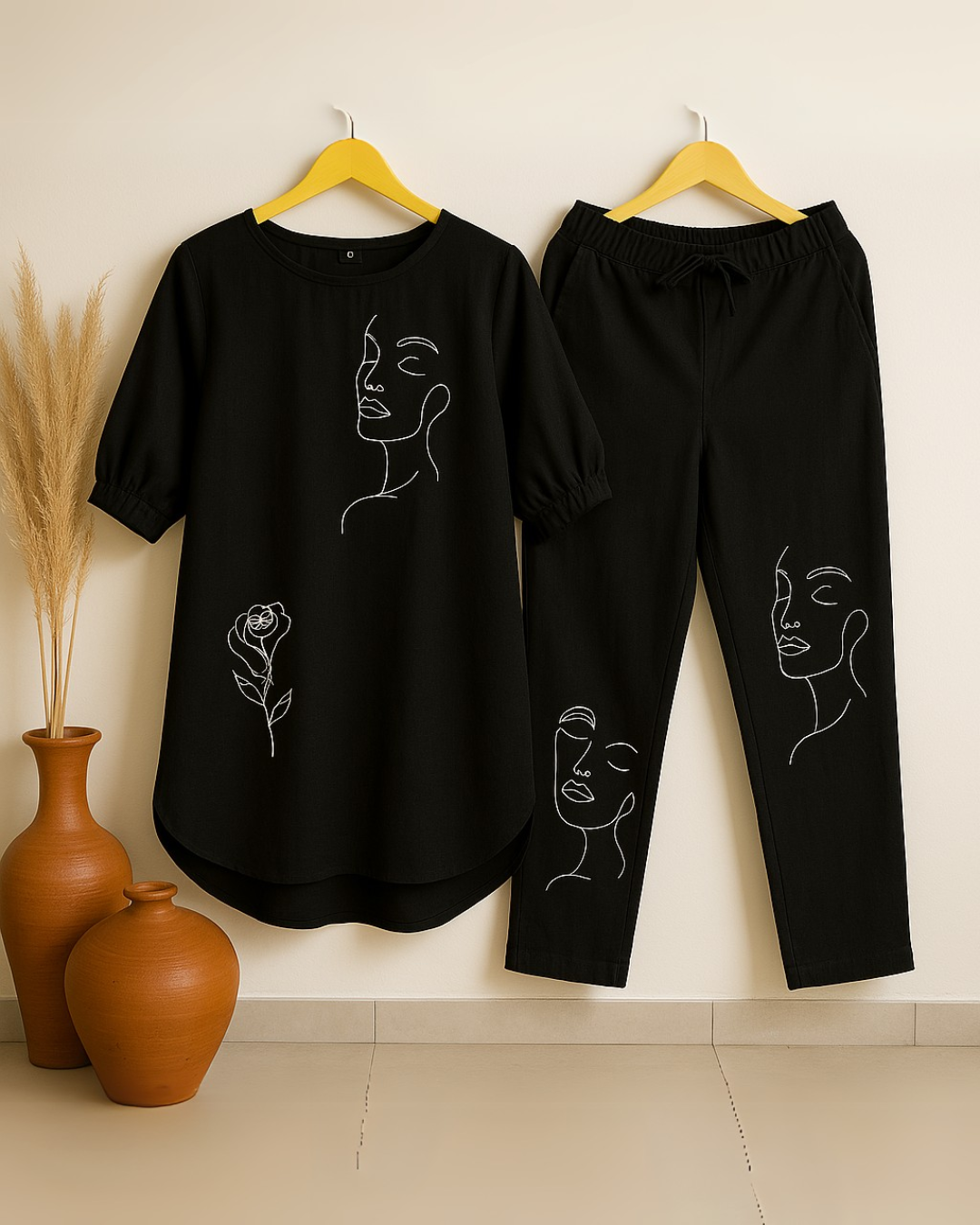 Face Floral - Black Cotton Slub Co-ord Set