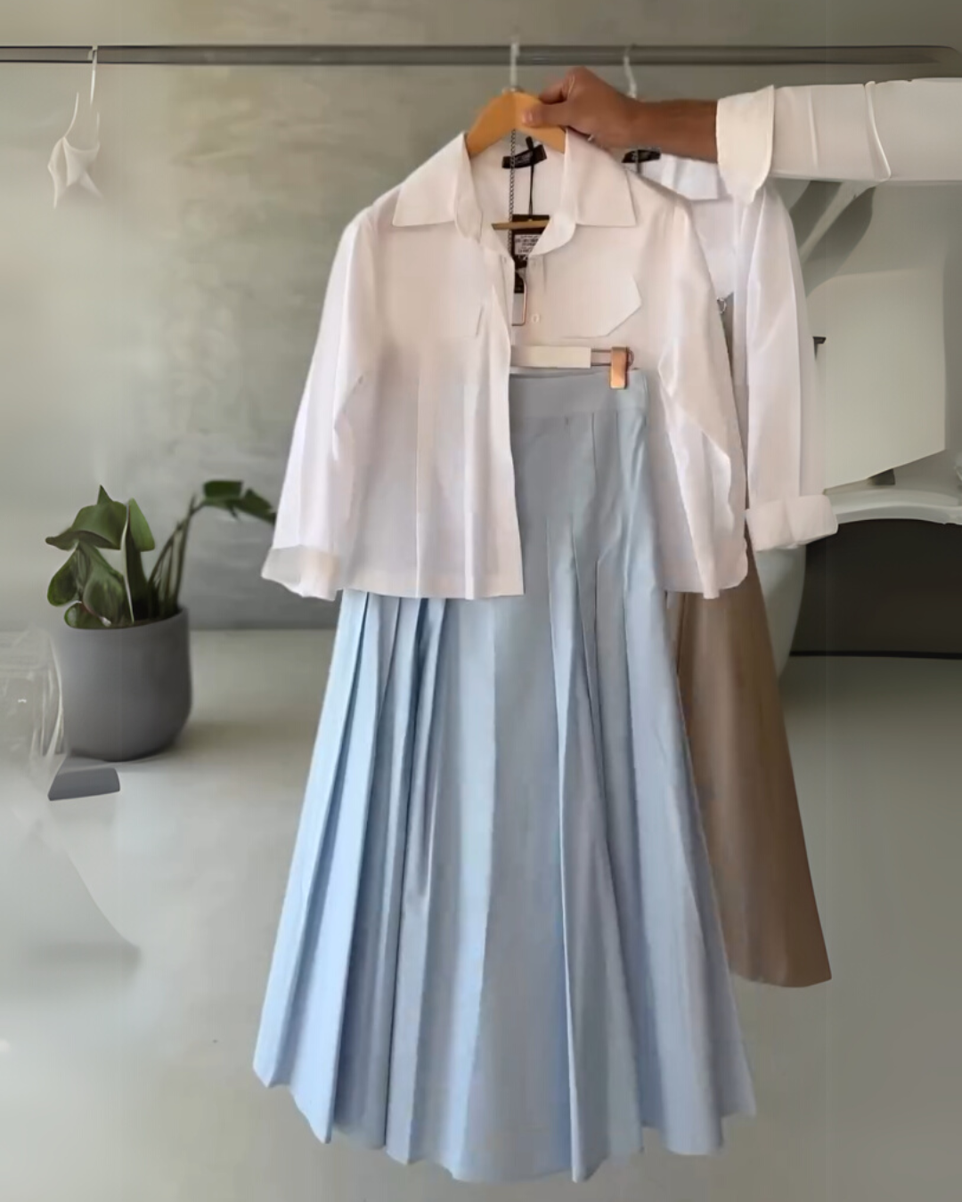 Urban Ease - Utility Shirt & Pleated Powder Blue Maxi Skirt Set