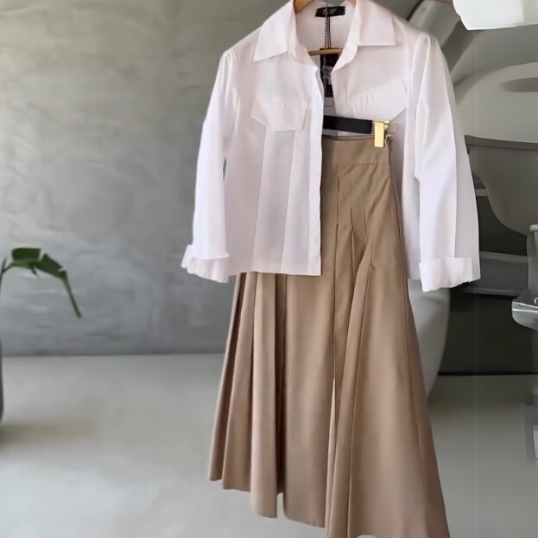 Urban Ease - Utility Shirt & Pleated Sand Beige Maxi Skirt Set