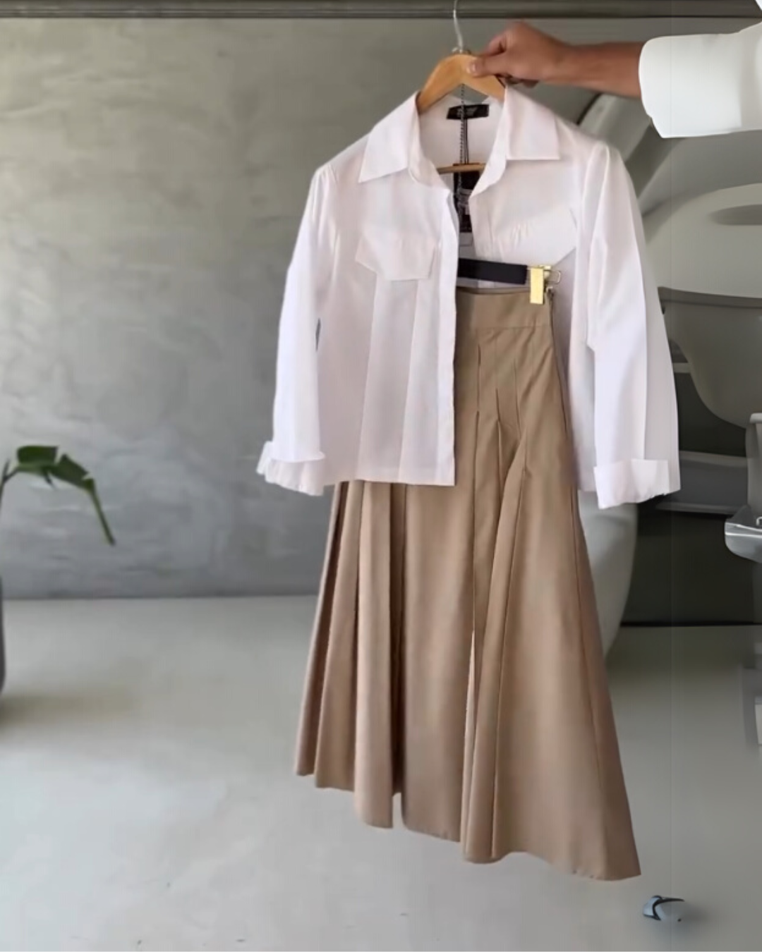 Urban Ease - Utility Shirt & Pleated Sand Beige Maxi Skirt Set