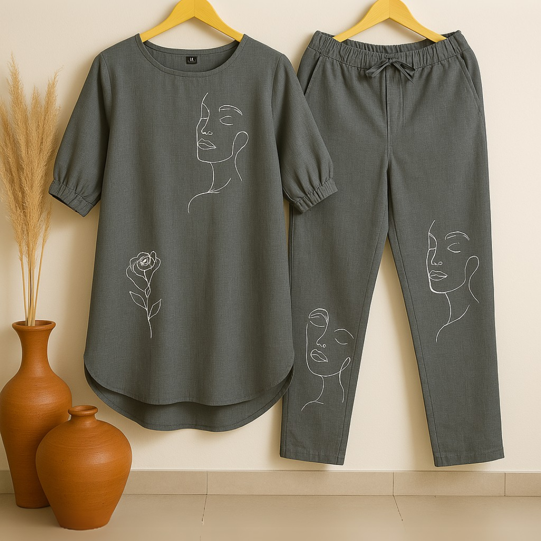 Face Floral - Grey Cotton Slub Co-ord Set