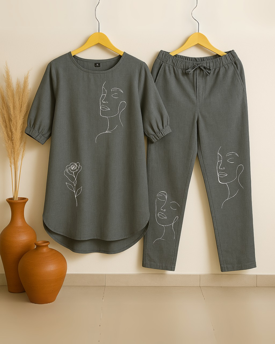 Face Floral - Grey Cotton Slub Co-ord Set