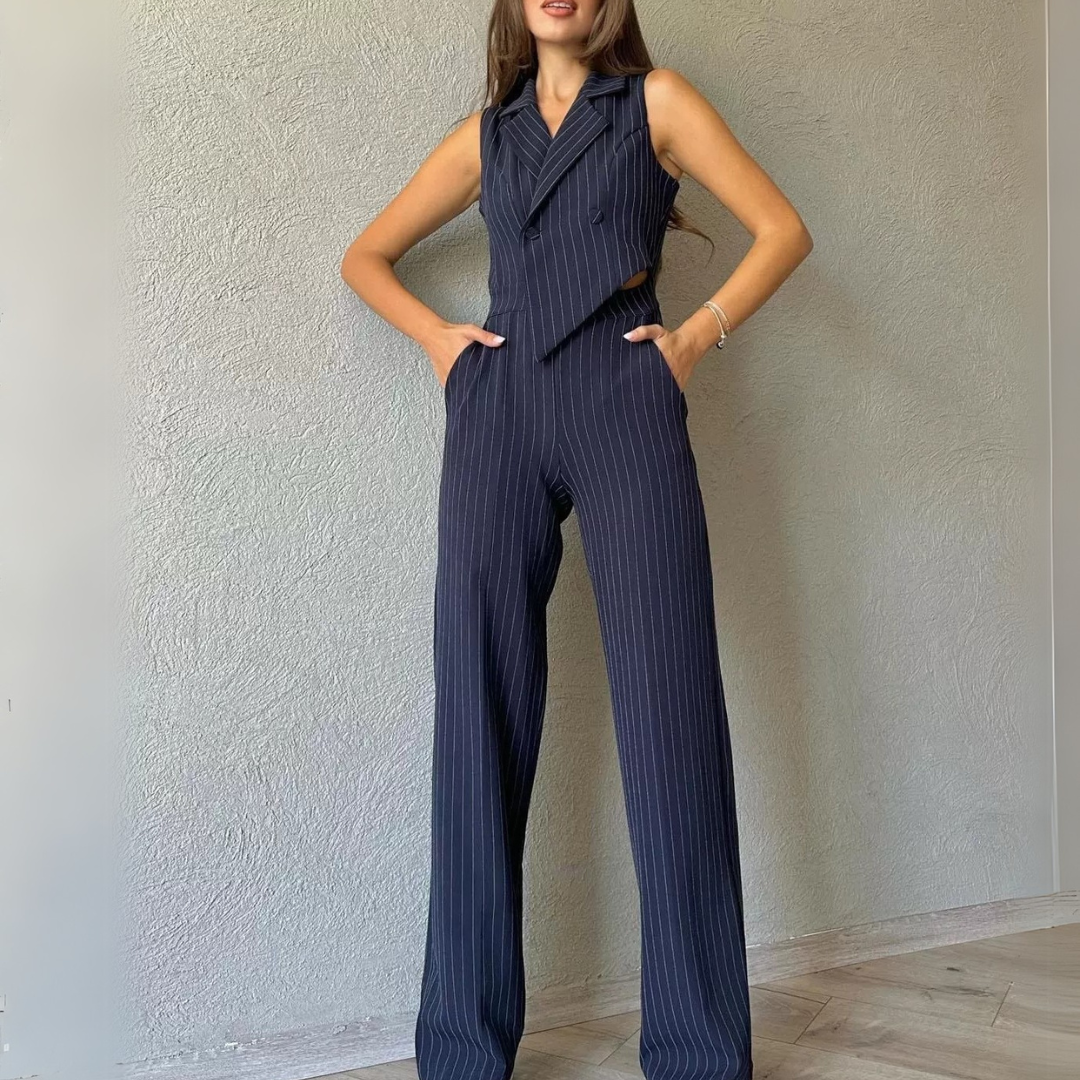 Aarna Navy Pinstripe Co-ord Set | Sleeveless Blazer & Pants for Women