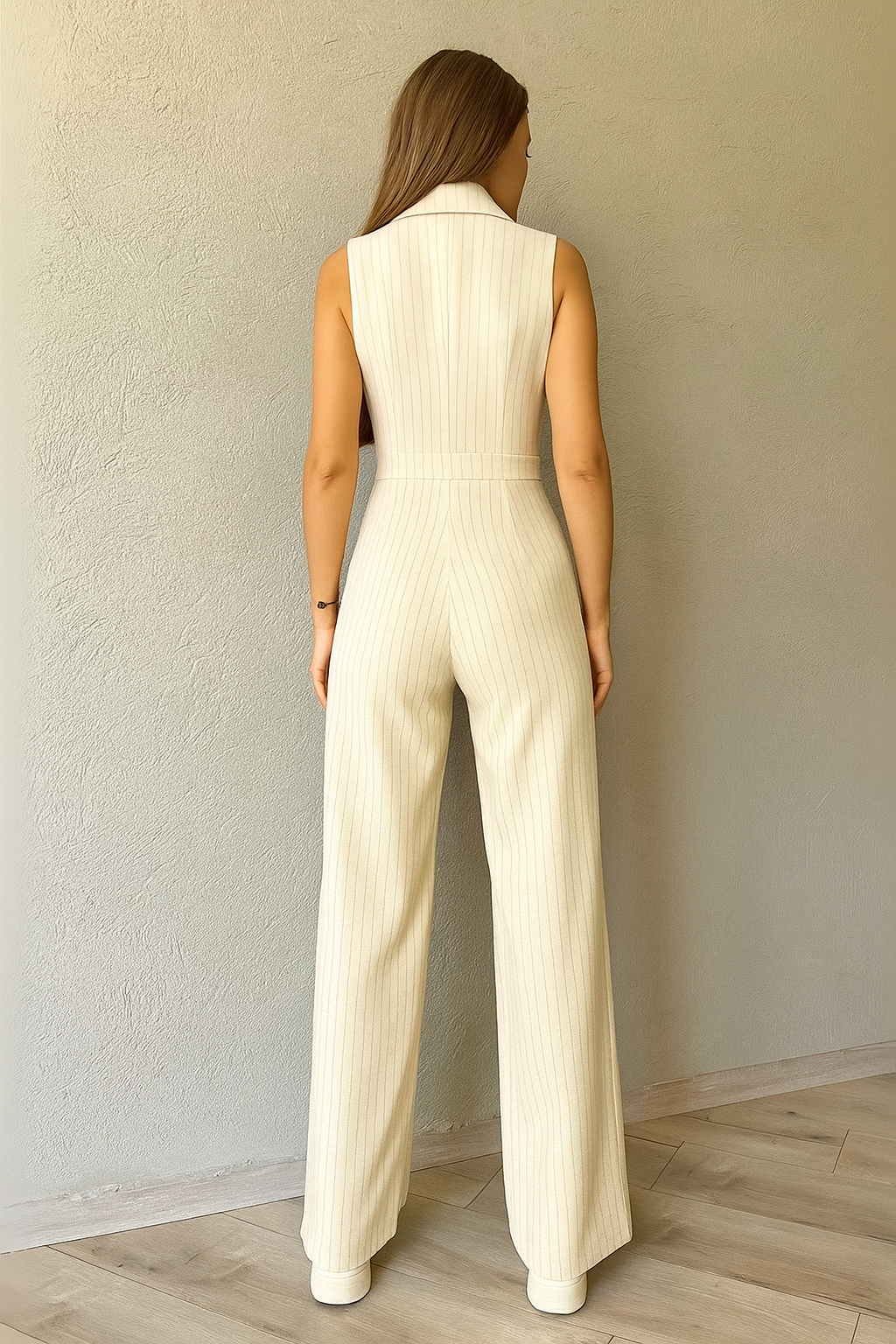Aarna Off White Pinstripe Co-ord Set | Sleeveless Blazer & Pants for Women