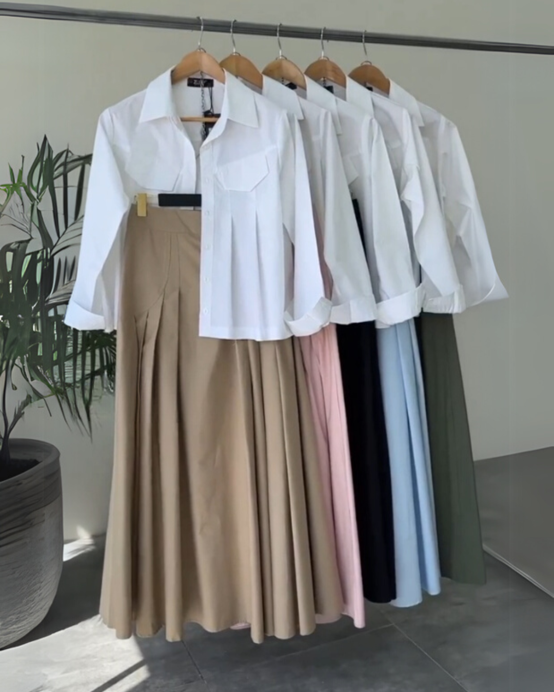 Urban Ease - Utility Shirt & Pleated Sand Beige Maxi Skirt Set