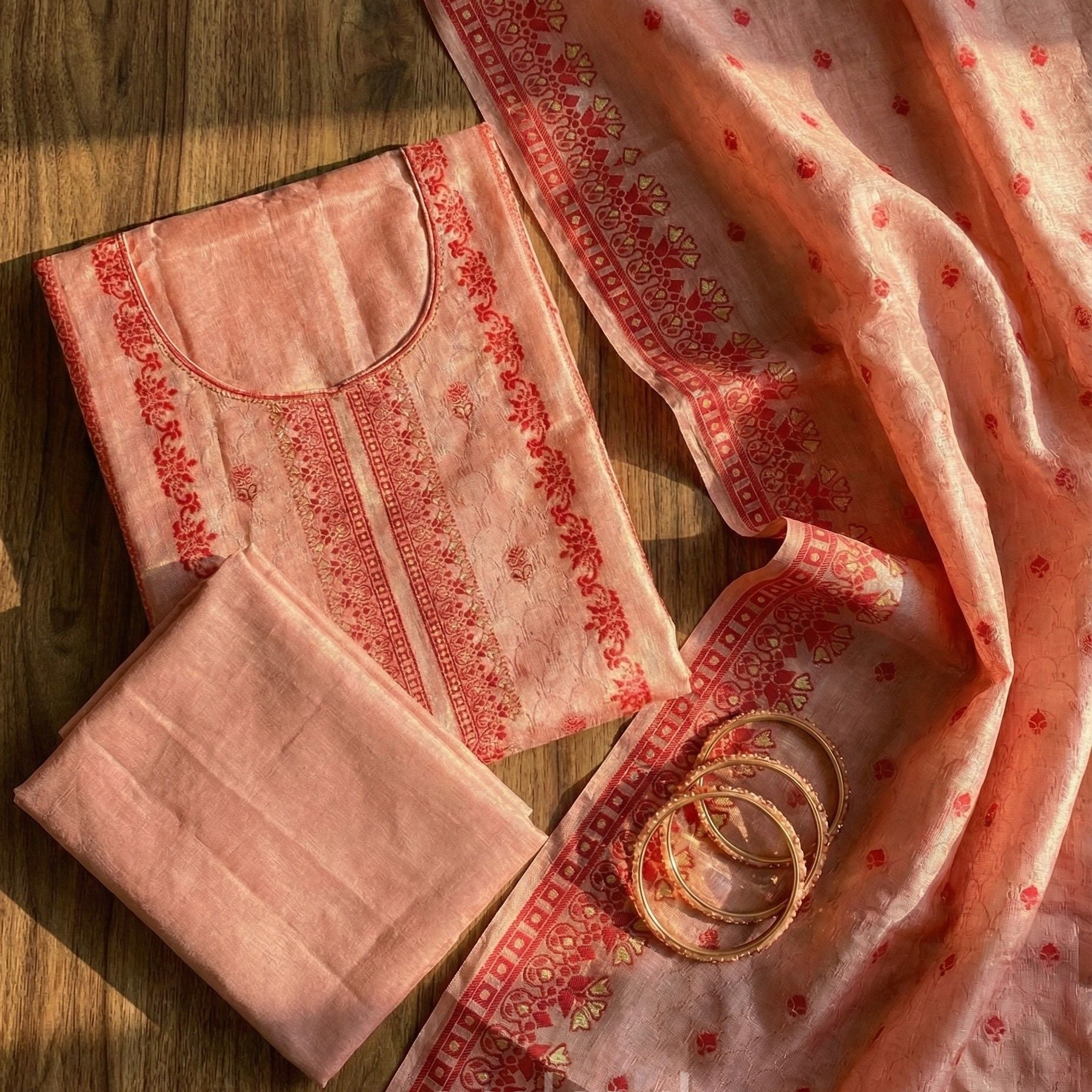 Peach Banarasi Jacquard Zari Work Unstitched Suit