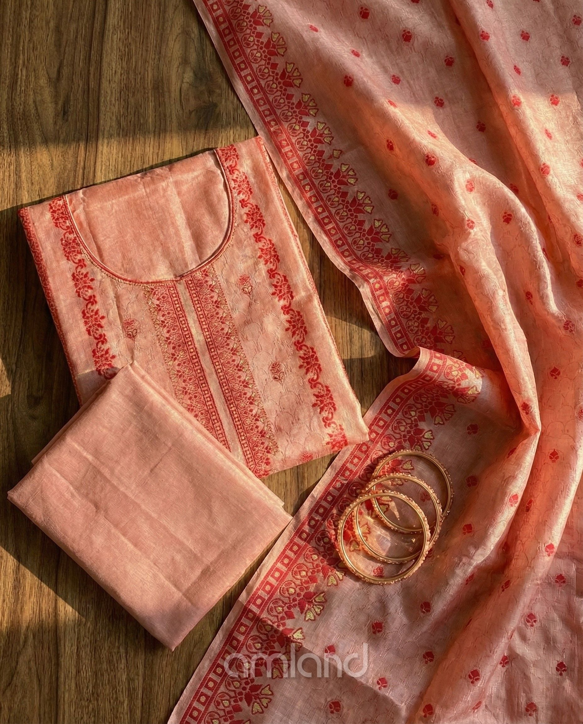 Peach Banarasi Jacquard Zari Work Unstitched Suit