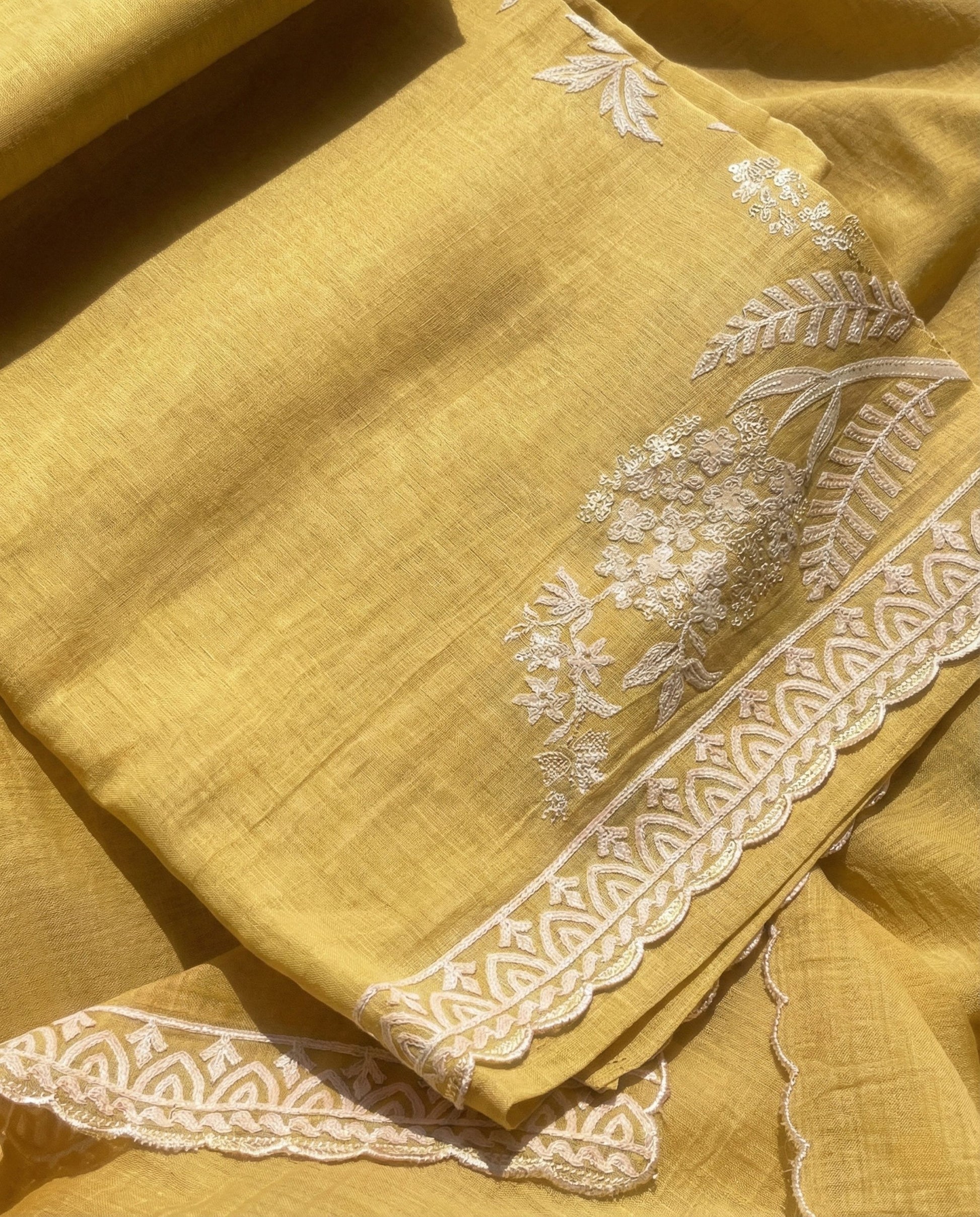 Reeva - Pure Mul Cotton Mustard Yellow Embroidered Unstitched Suit Set