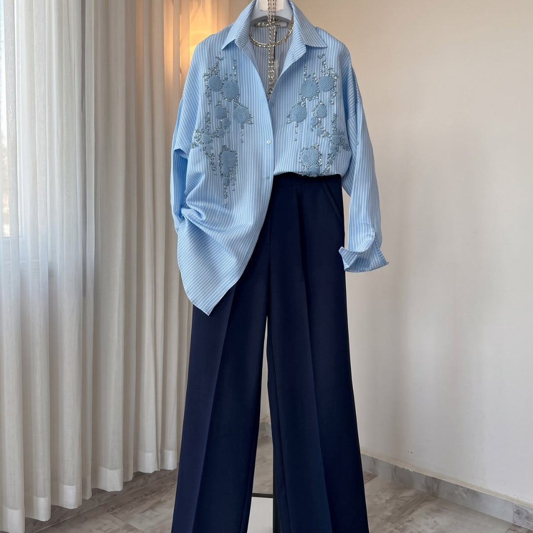 Amaira - Powder Blue Embellished Striped Shirt Wide Leg Co-Ord