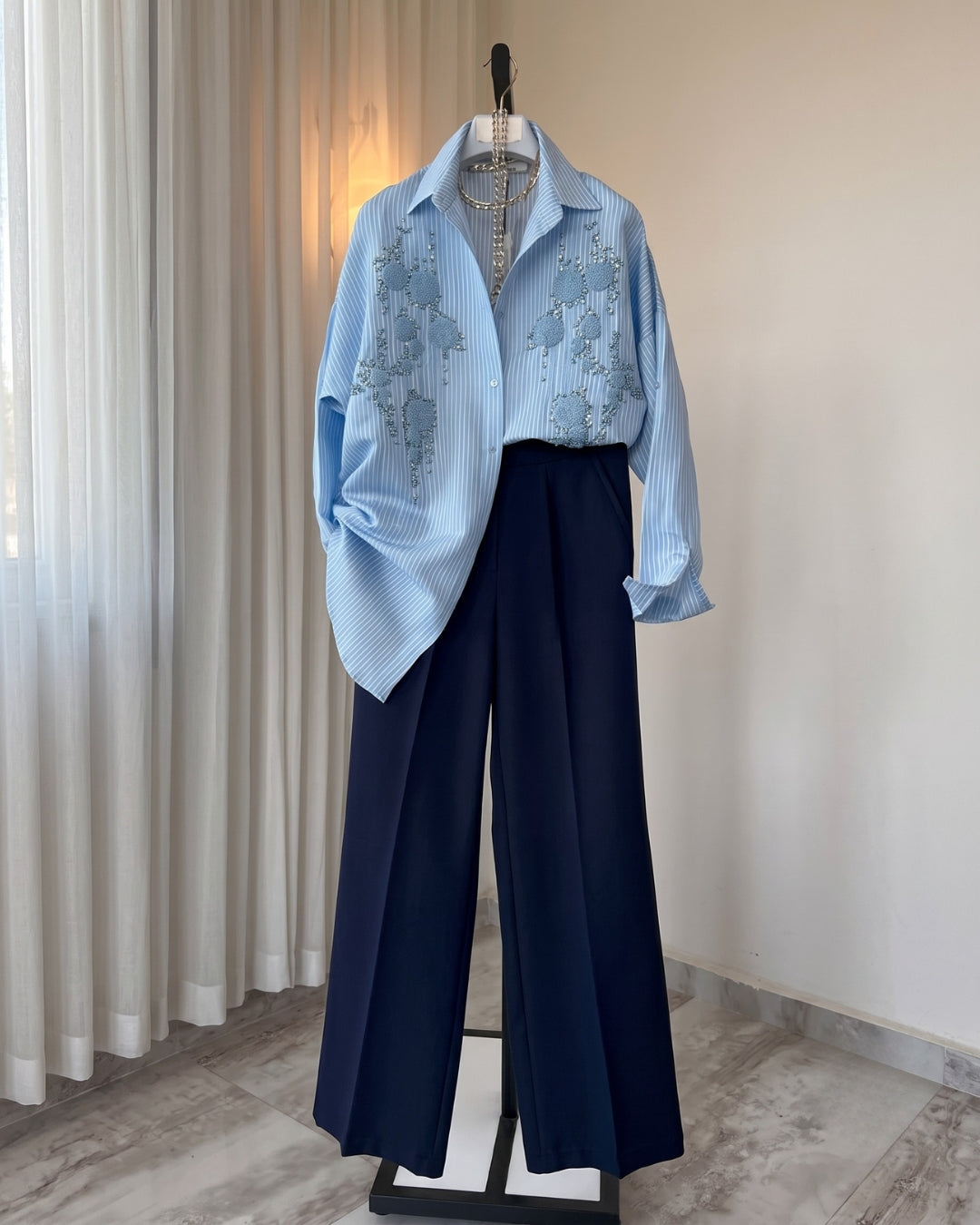 Amaira - Powder Blue Embellished Striped Shirt Wide Leg Co-Ord