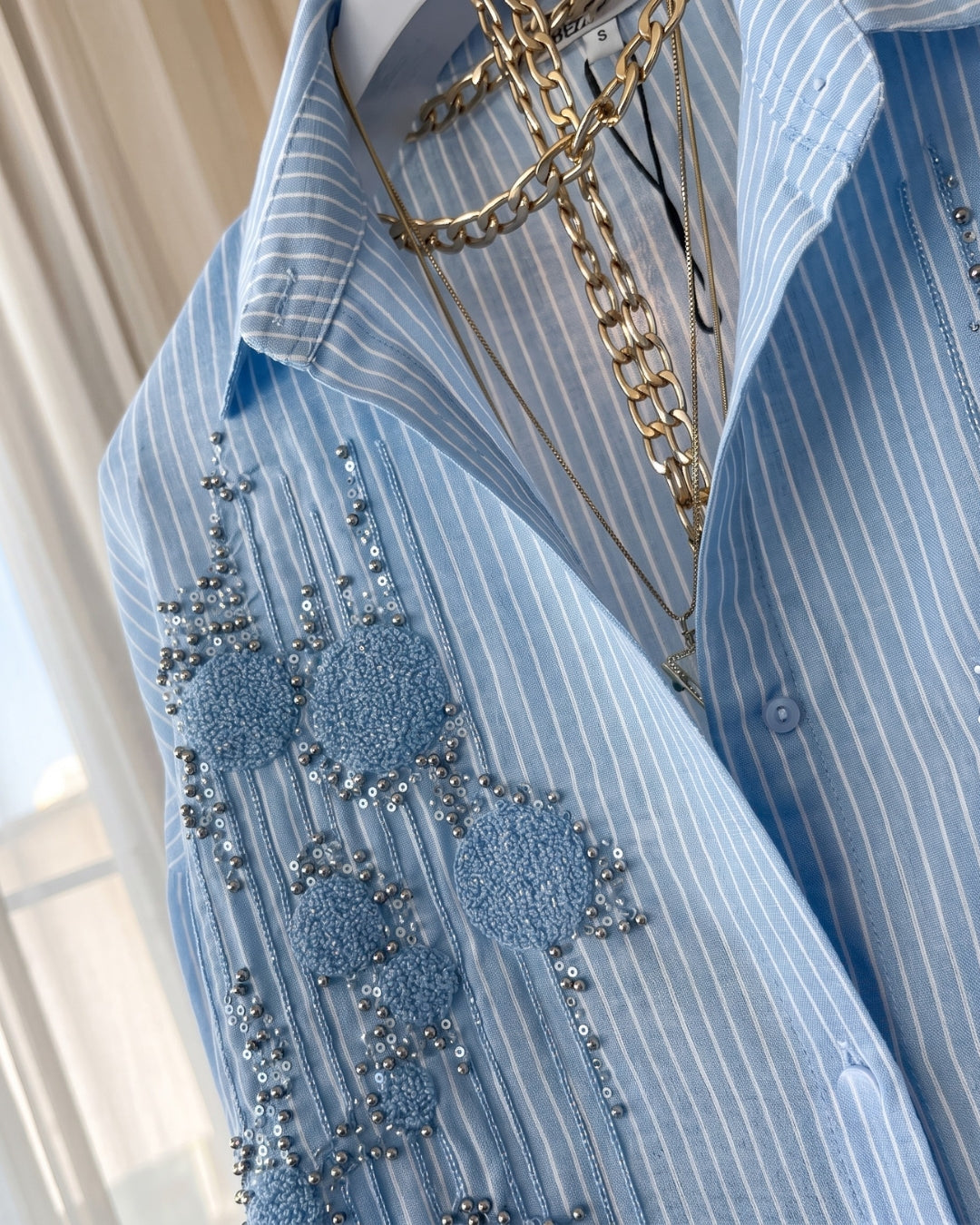 Amaira - Powder Blue Embellished Striped Shirt Wide Leg Co-Ord