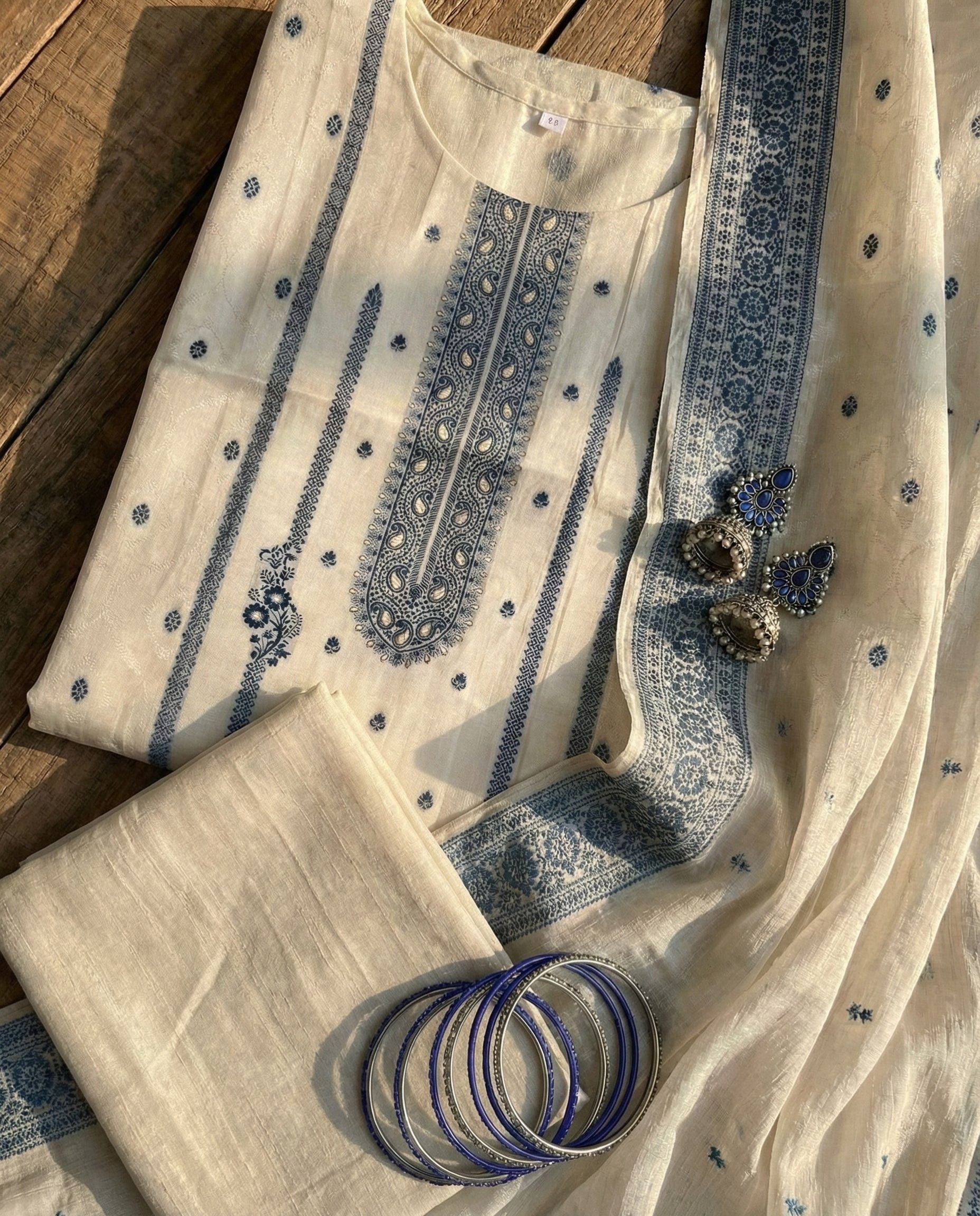 Ivory Blue Cotton Jacquard Zari Unstitched Suit Set Heritage