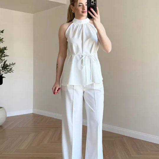 Zoya - Burgundy Halter White Neck Wide Leg Co-Ord Set