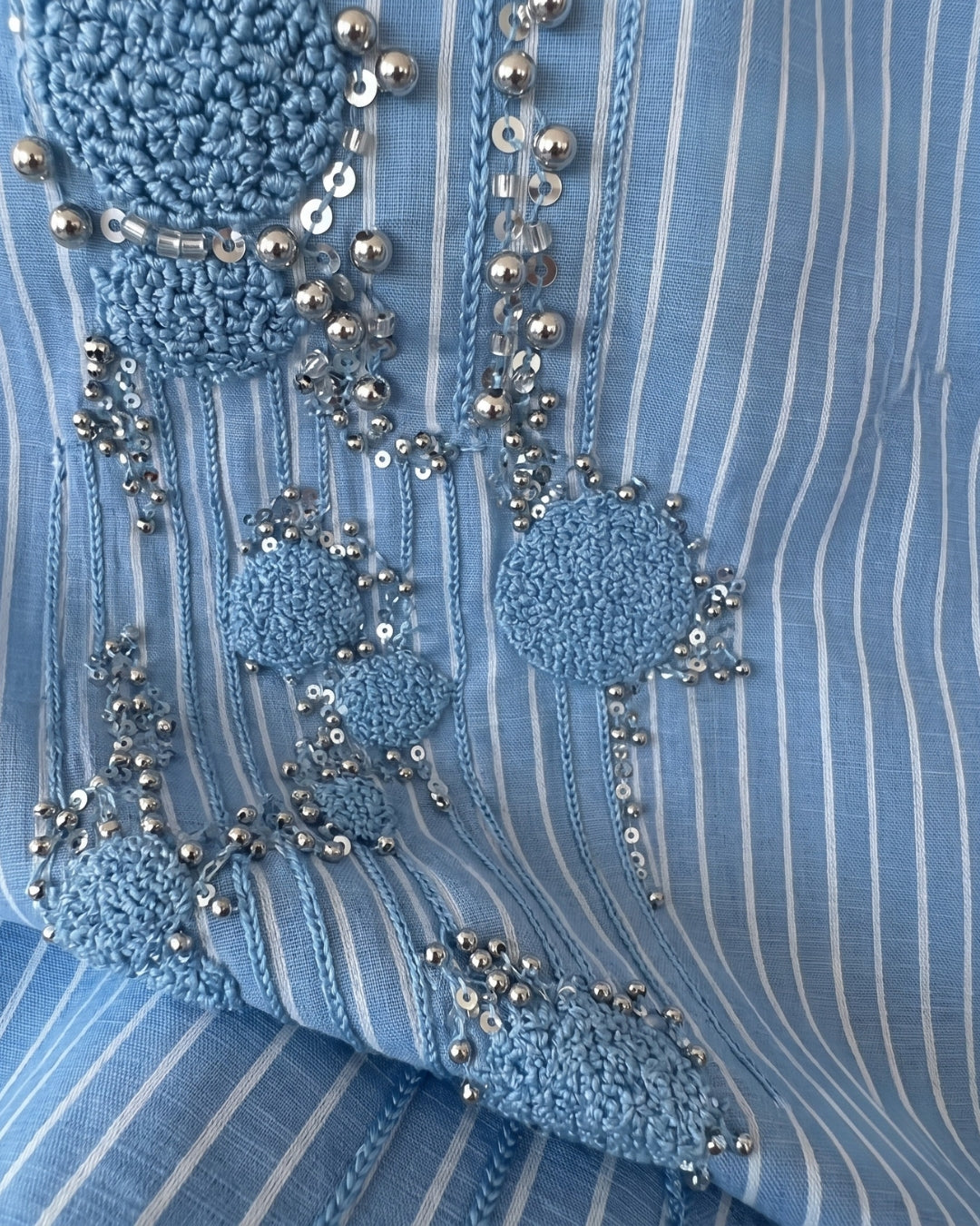 Amaira - Powder Blue Embellished Striped Shirt Wide Leg Co-Ord
