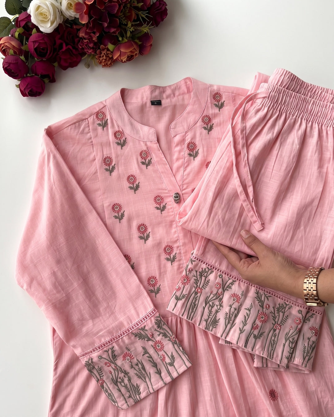 Kiara - Elegant Pink Embroidered Cotton Suit Material