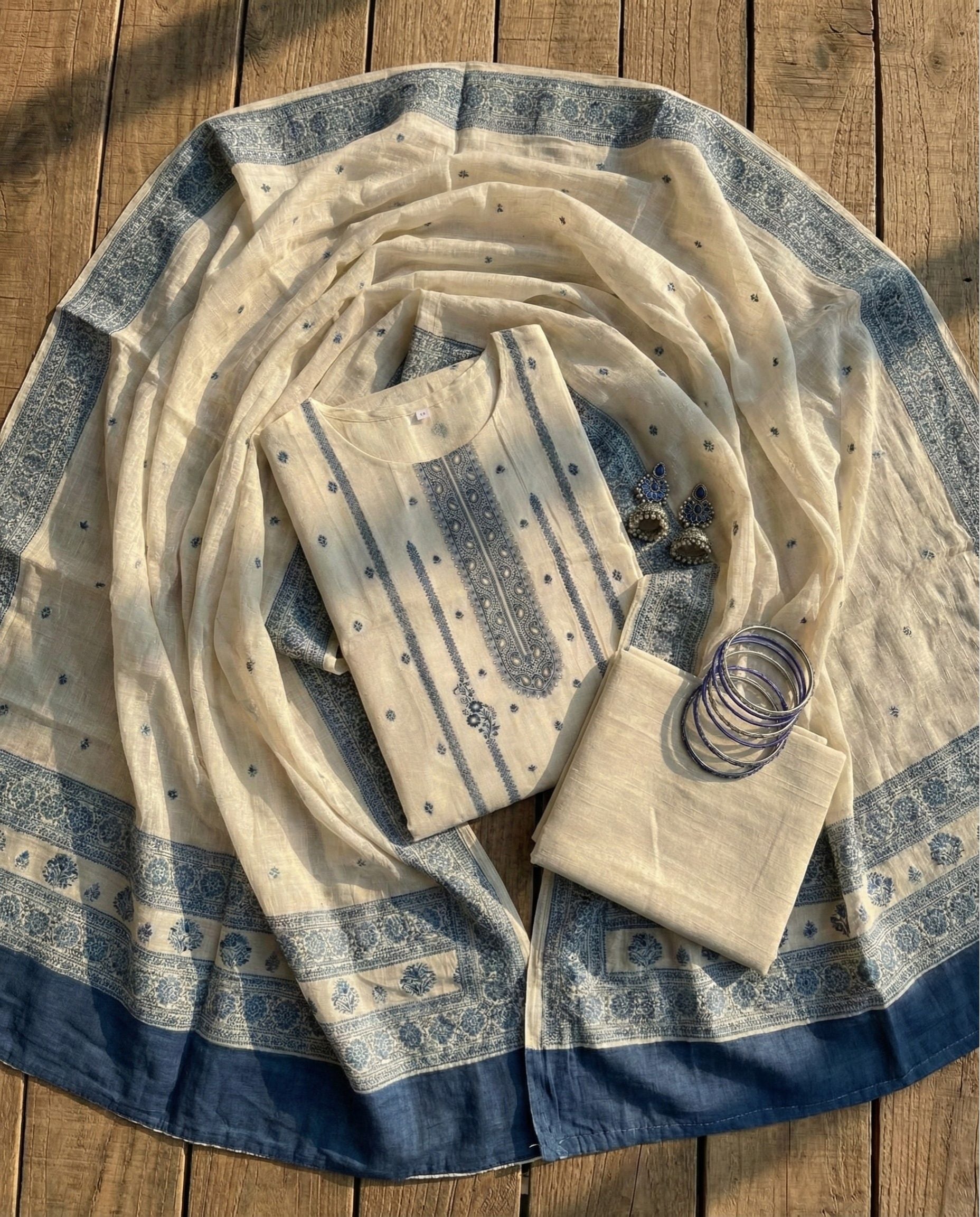 Ivory Blue Cotton Jacquard Zari Unstitched Suit Set Heritage