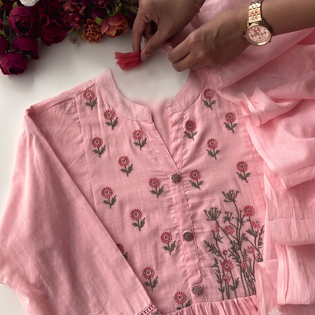 Kiara - Elegant Pink Embroidered Cotton Suit Material