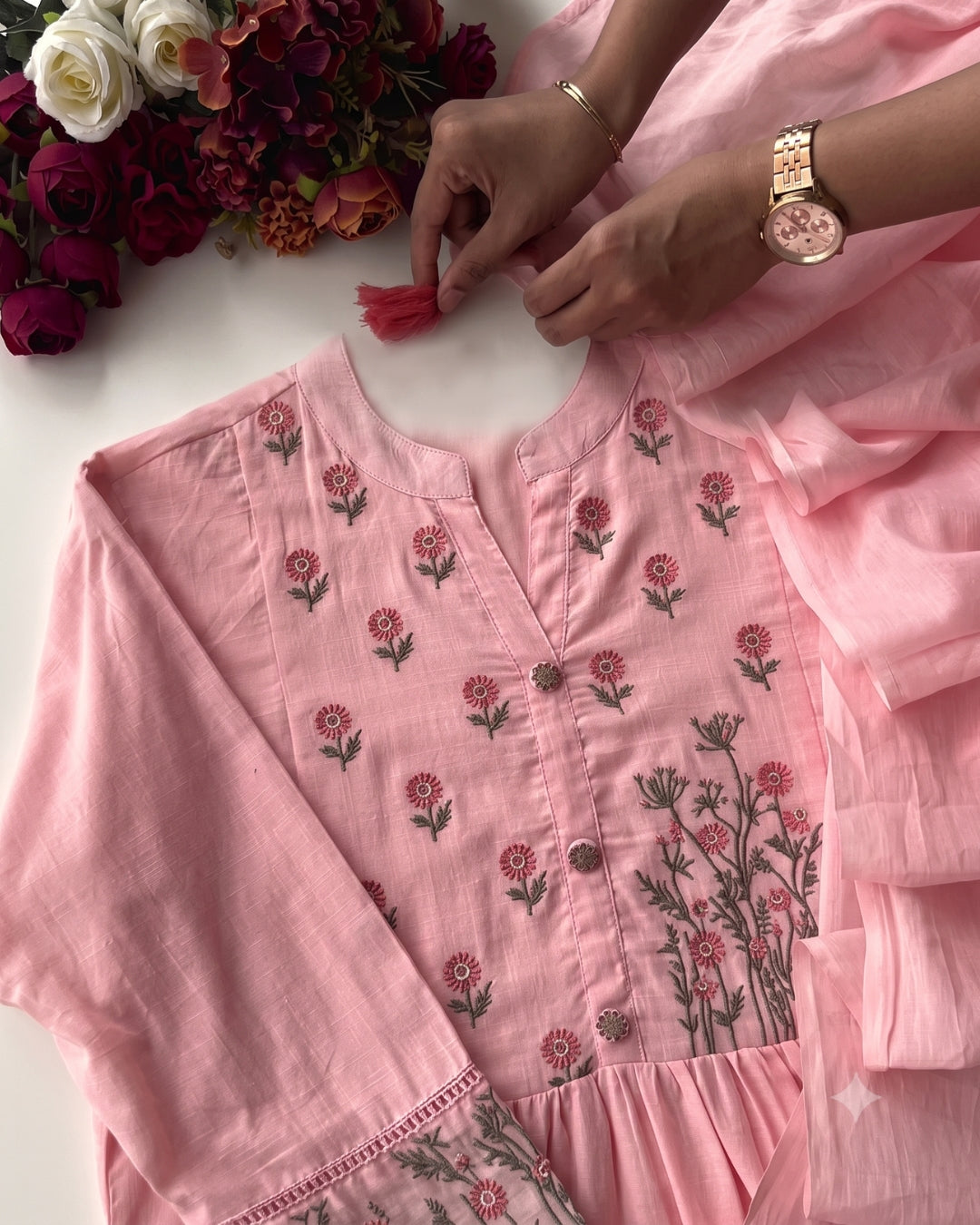 Kiara - Elegant Pink Embroidered Cotton Suit Material