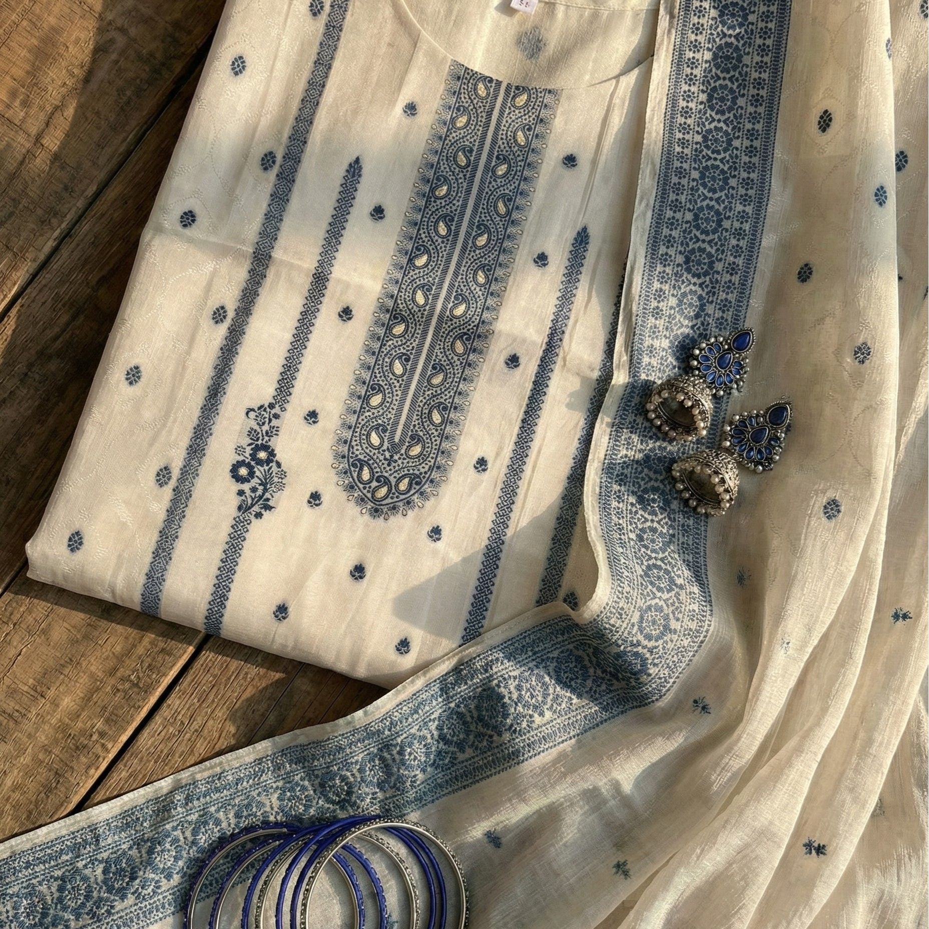 Ivory Blue Cotton Jacquard Zari Unstitched Suit Set Heritage
