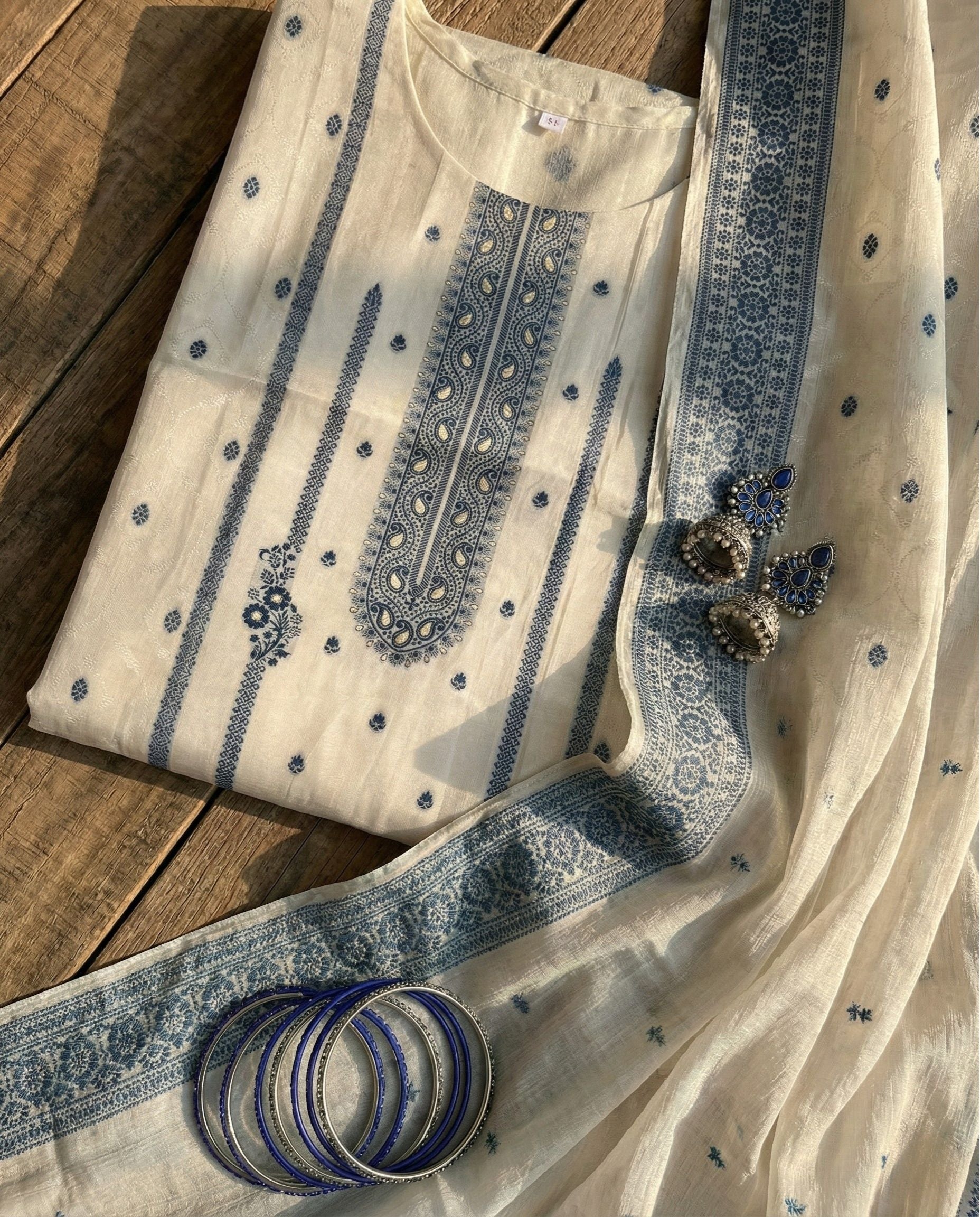 Ivory Blue Cotton Jacquard Zari Unstitched Suit Set Heritage