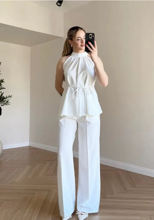 Zoya - Burgundy Halter White Neck Wide Leg Co-Ord Set
