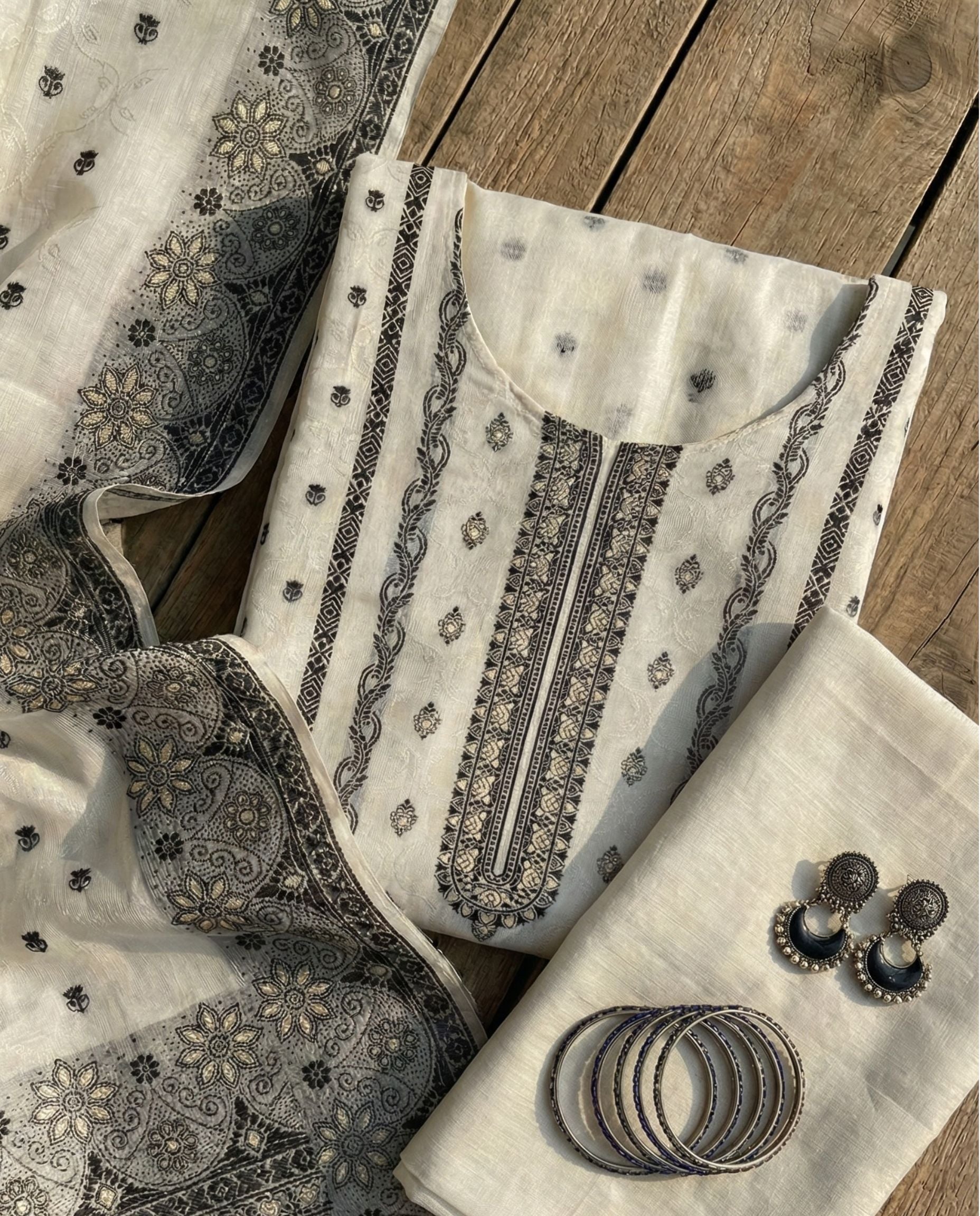 Ivory & Black Cotton Jacquard Zari Unstitched Suit Set (Heritage)