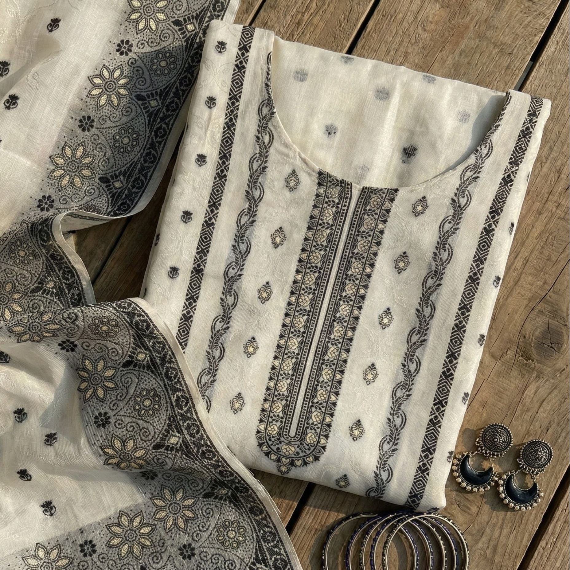 Ivory & Black Cotton Jacquard Zari Unstitched Suit Set (Heritage)