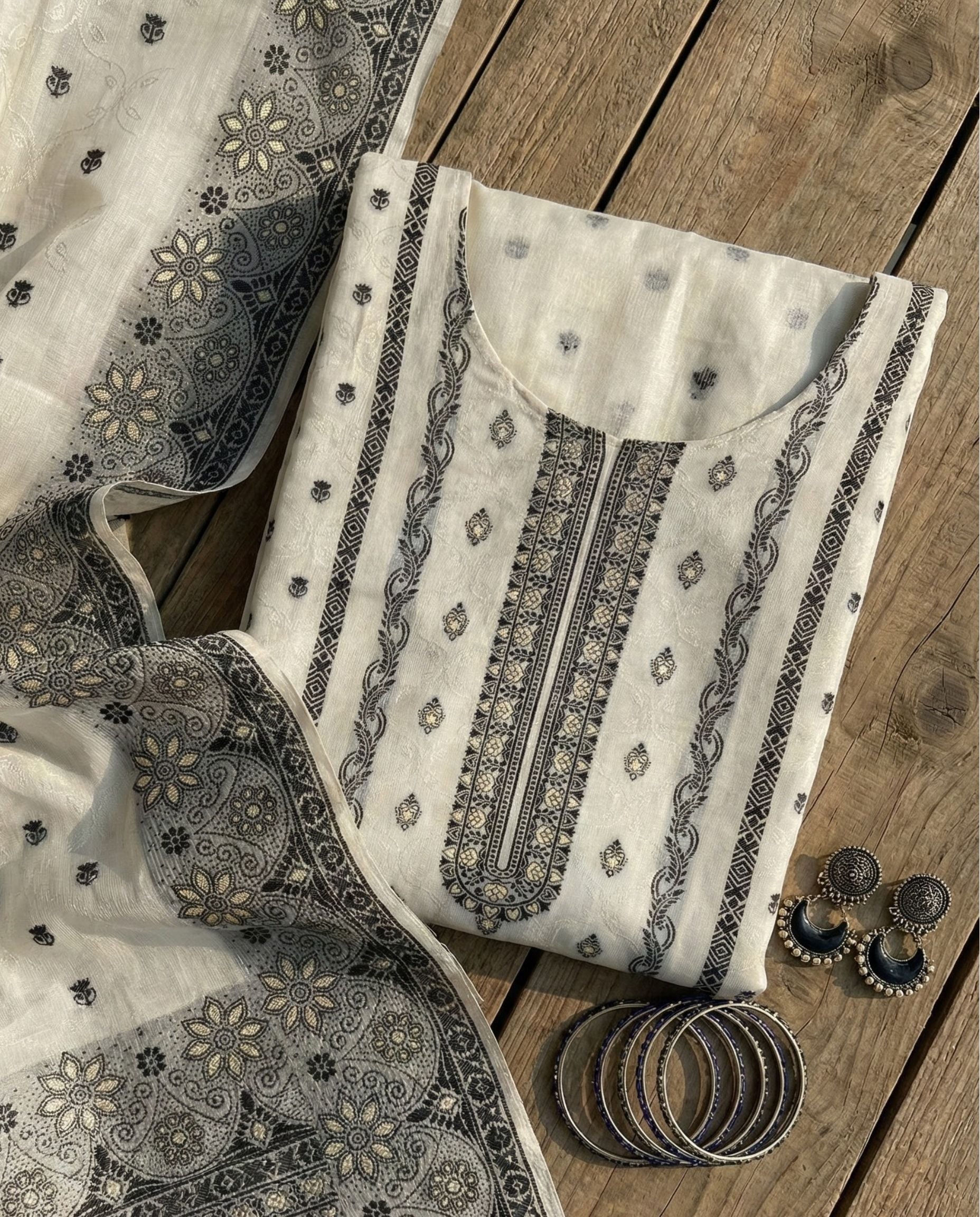 Ivory & Black Cotton Jacquard Zari Unstitched Suit Set (Heritage)
