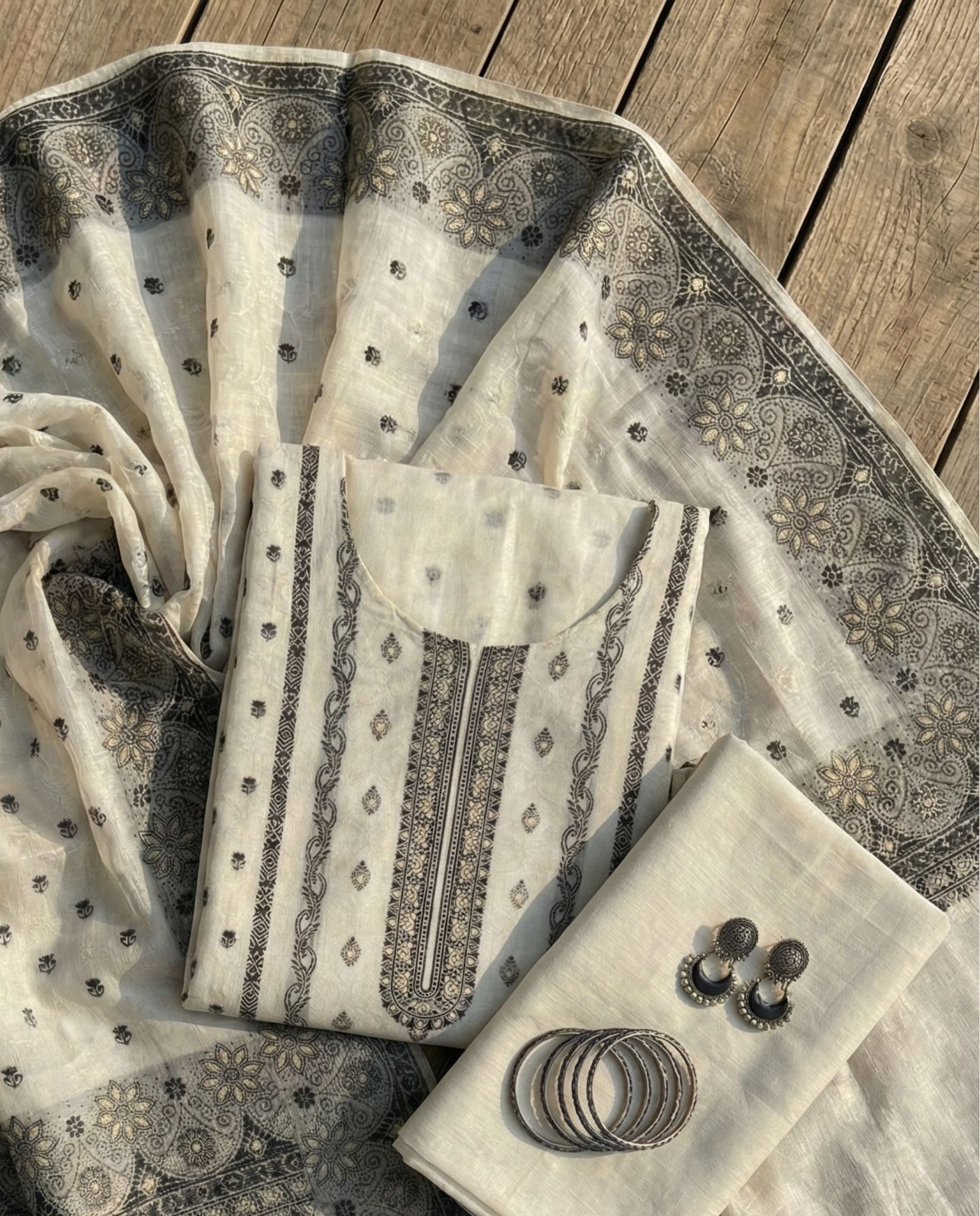 Ivory & Black Cotton Jacquard Zari Unstitched Suit Set (Heritage)