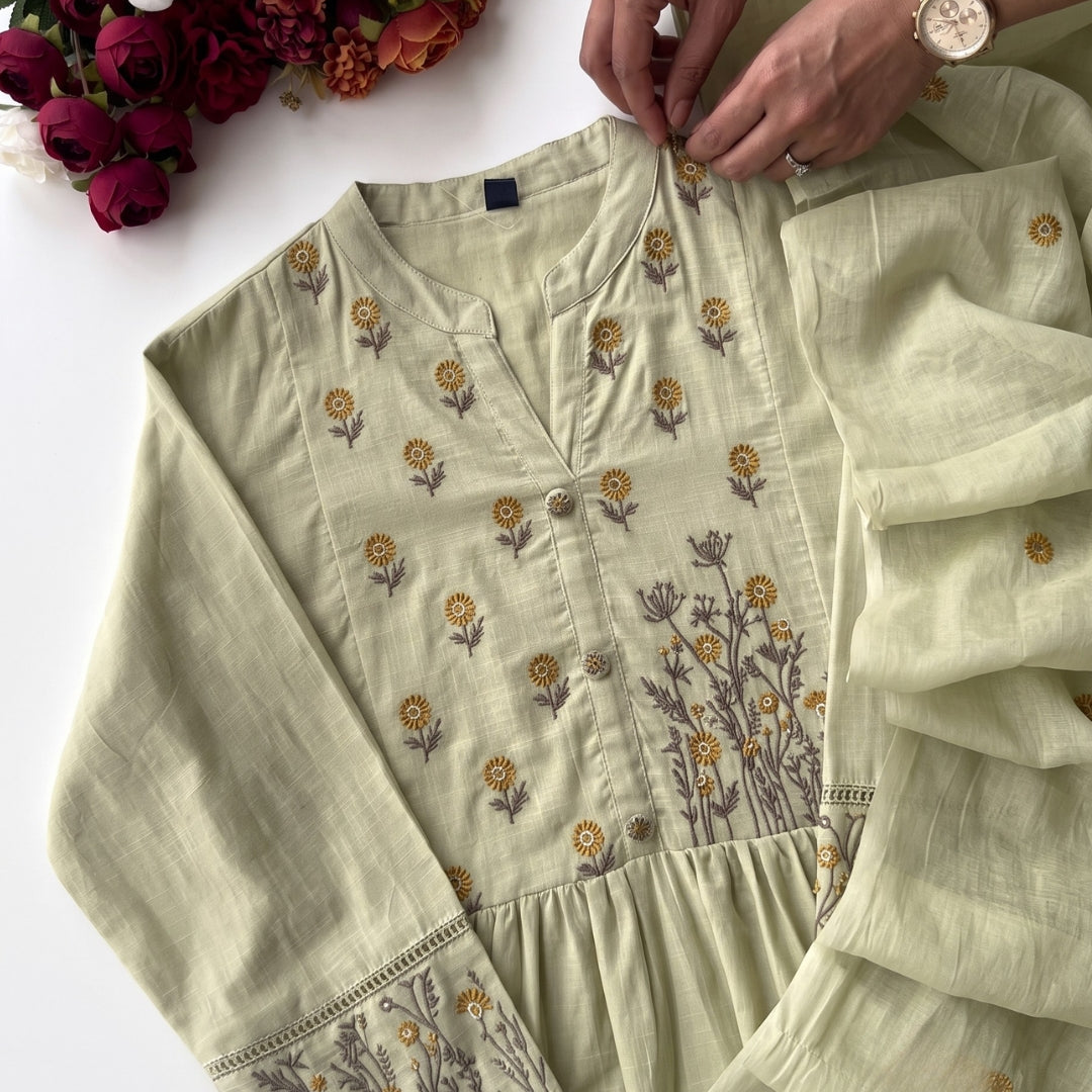 Kiara - Elegant Green Embroidered Cotton Suit Material