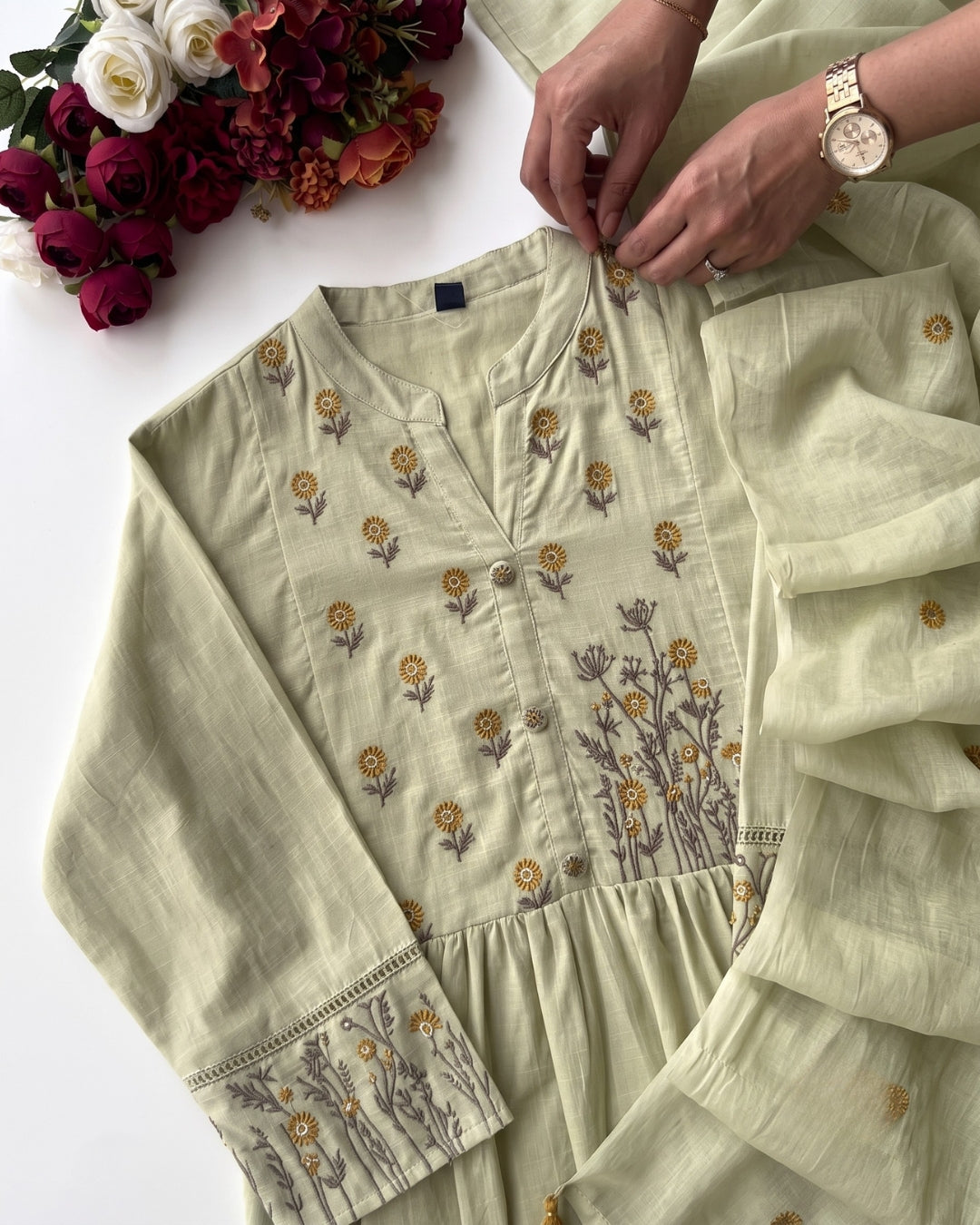 Kiara - Elegant Green Embroidered Cotton Suit Material