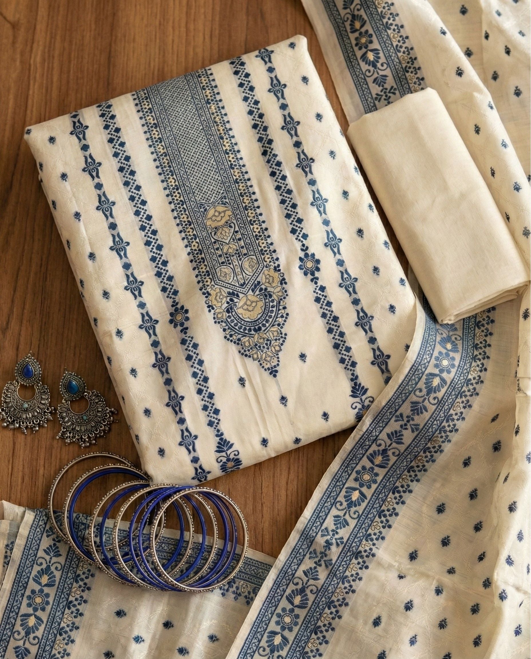 Ivory Indigo Cotton Jacquard Zari Unstitched Suit Set Heritage Elegance