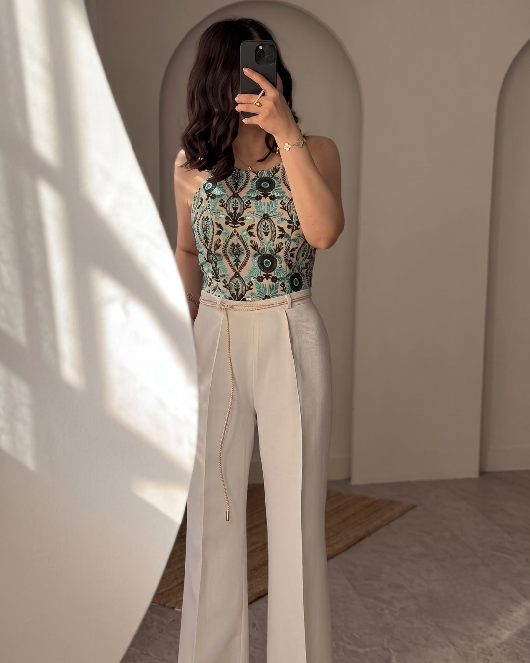Arlina - Aqua Floral Embroidered Halter Neck Top