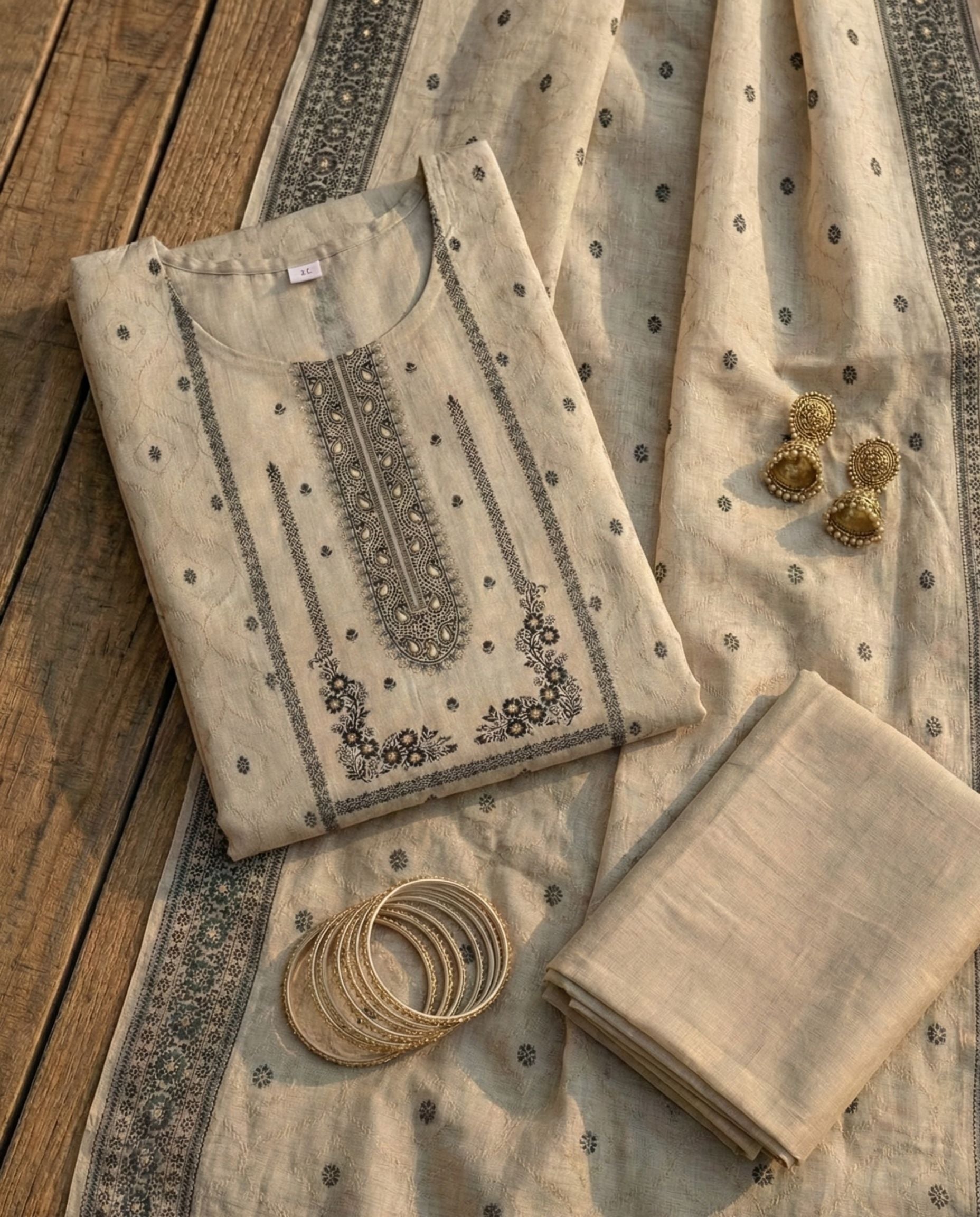 Ivory Charcoal Cotton Jacquard Zari Unstitched Suit Set Heirloom