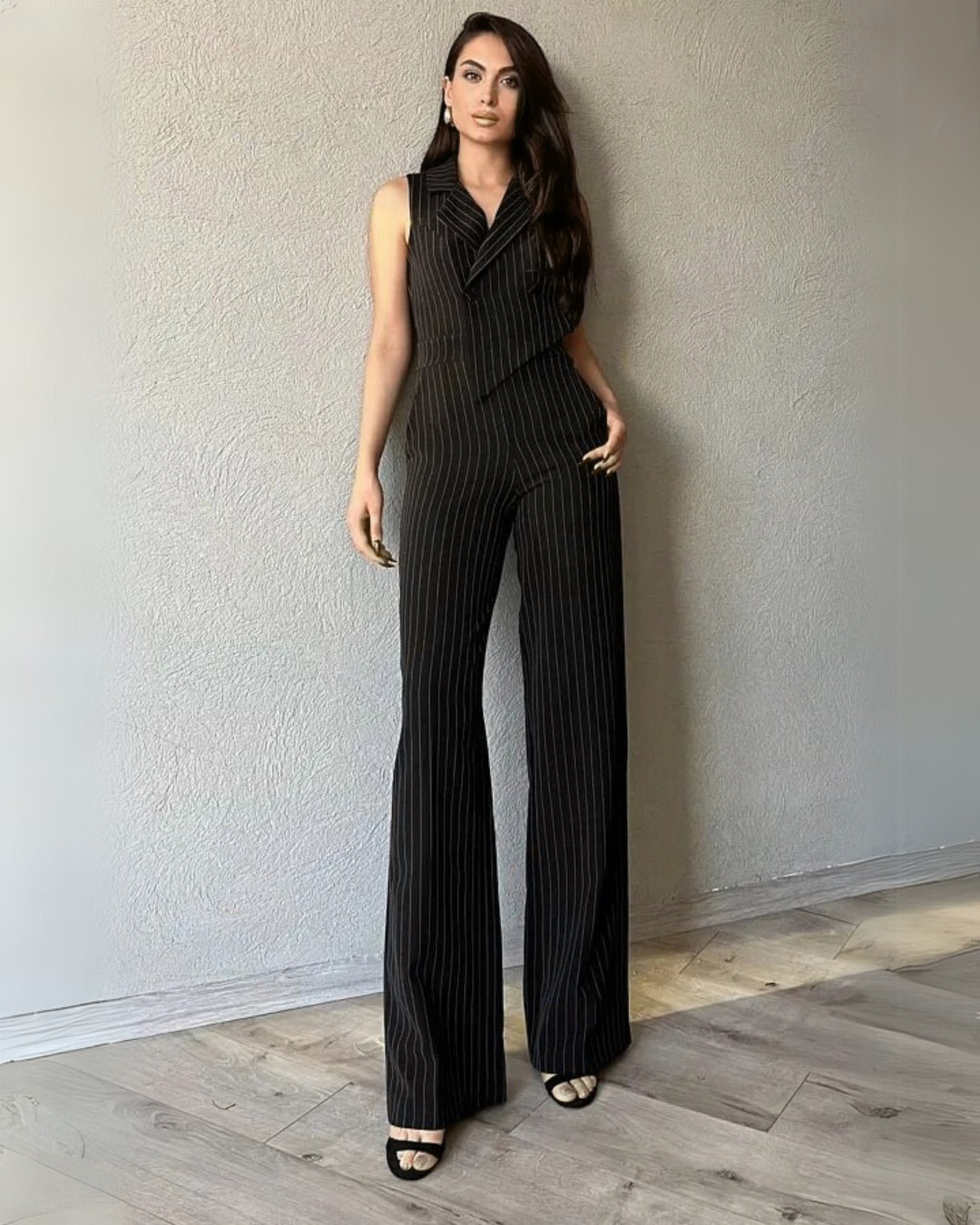 Aarna Black Pinstripe Co-ord Set | Sleeveless Blazer & Pants for Women