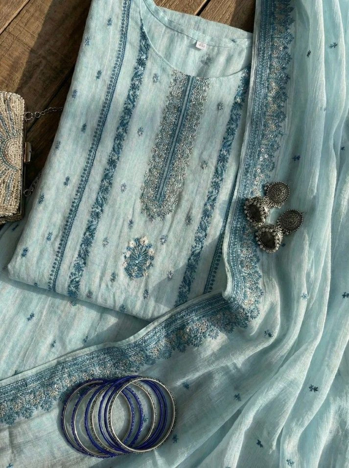 Light Blue Unstitched Cotton Jaquard Suit Set with Zari Work