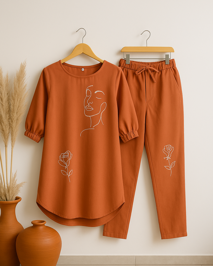 Face Floral - Orange Cotton Slub Co-ord Set