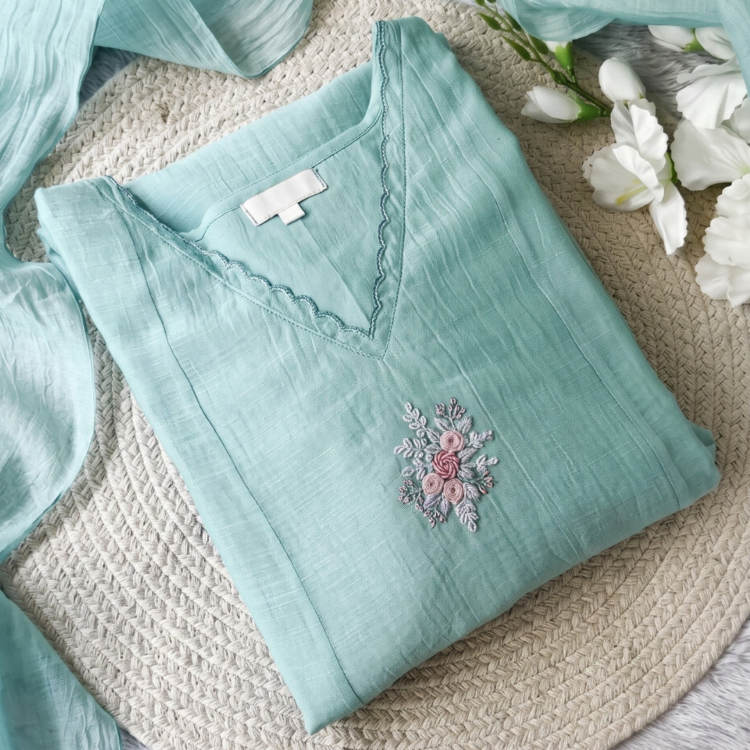 Eva - Mint Floral Embroidered Unstitched Dress Material Set