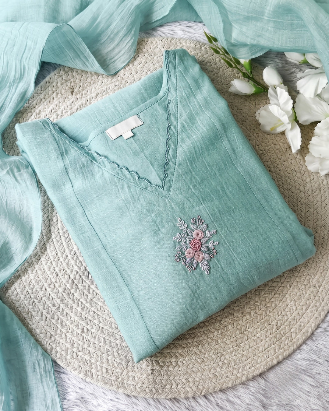 Eva - Mint Floral Embroidered Unstitched Dress Material Set