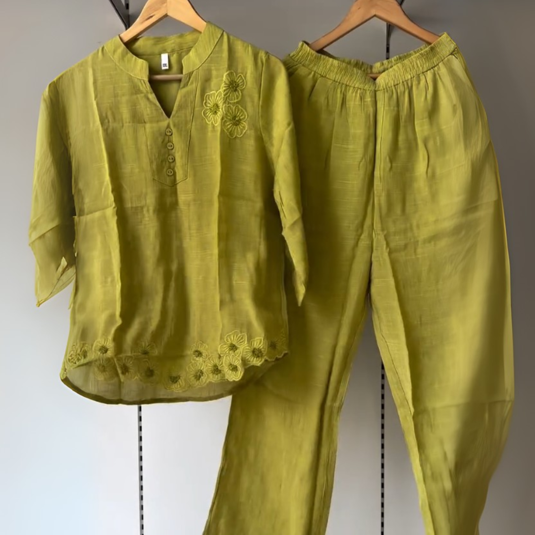 Flora Mustard Green Set – Embroidered Cotton Co-ord